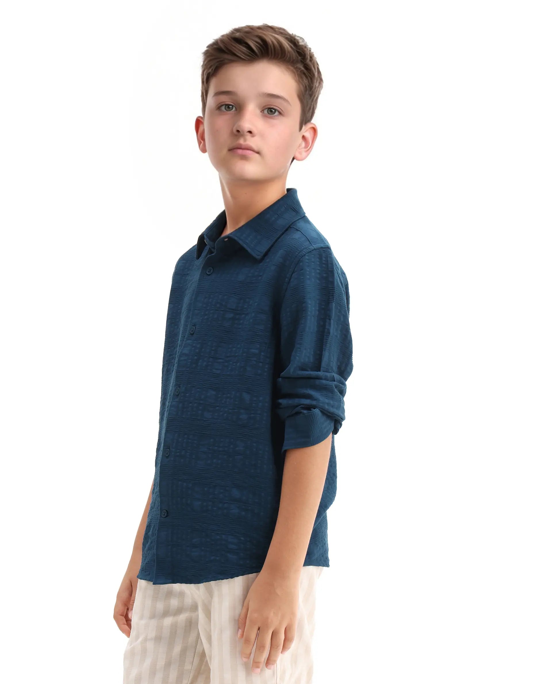 Rare Ones Kids Vack-K Teal Viscose Blend Textured Button Closure Regular Fit Shirt