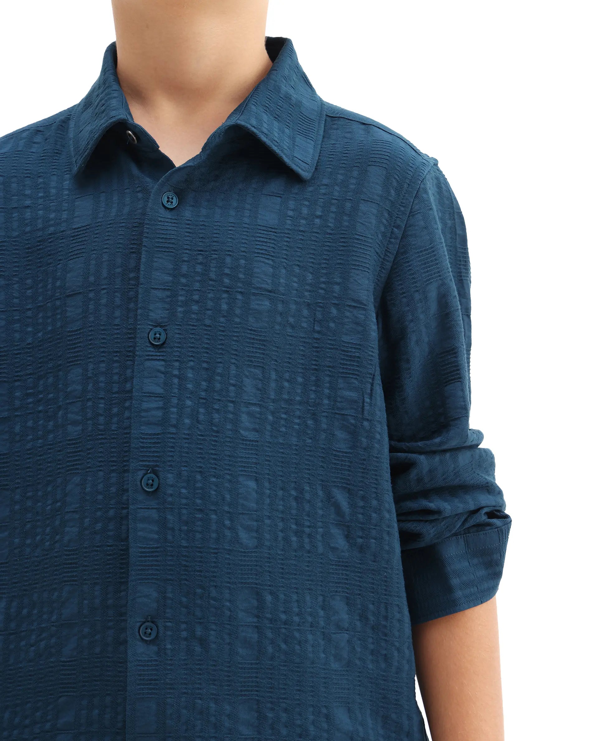 Rare Ones Kids Vack-K Teal Viscose Blend Textured Button Closure Regular Fit Shirt