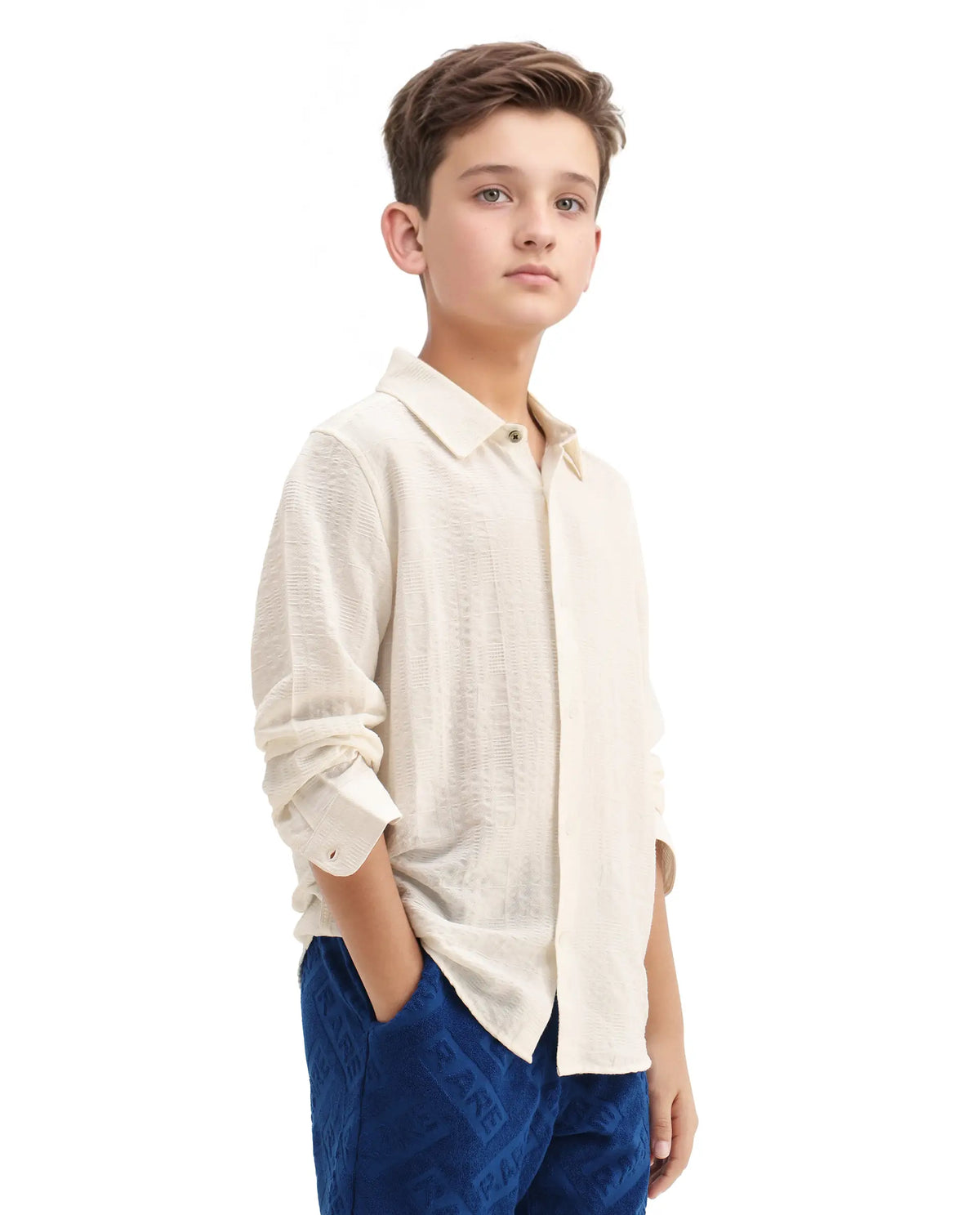 Rare Ones Kids Vack-K White Viscose Blend Textured Button Closure Regular Fit Shirt