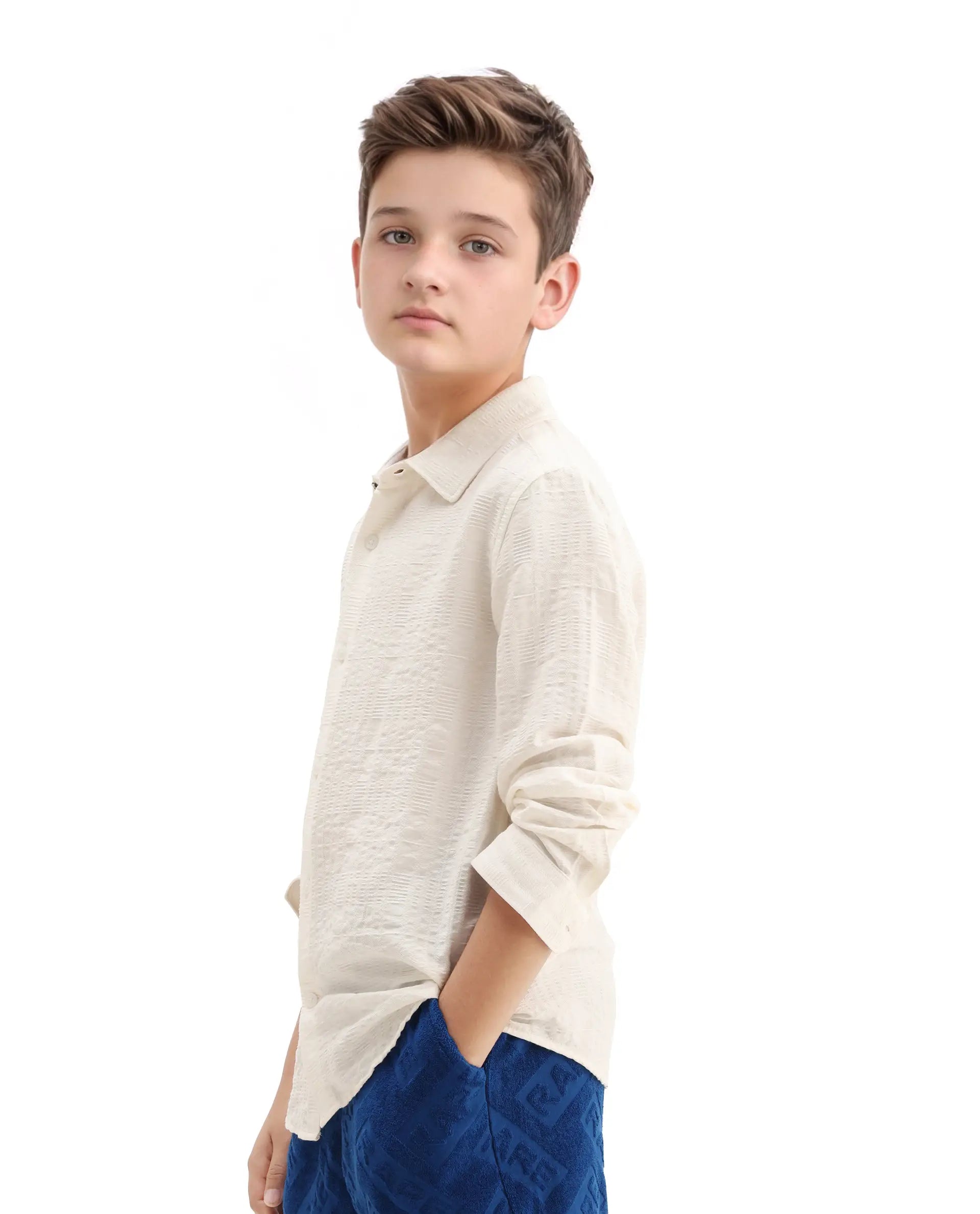 Rare Ones Kids Vack-K White Viscose Blend Textured Button Closure Regular Fit Shirt
