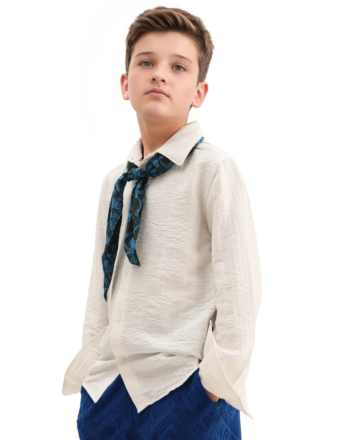 Rare Ones Kids Vack-K White Viscose Blend Textured Button Closure Regular Fit Shirt