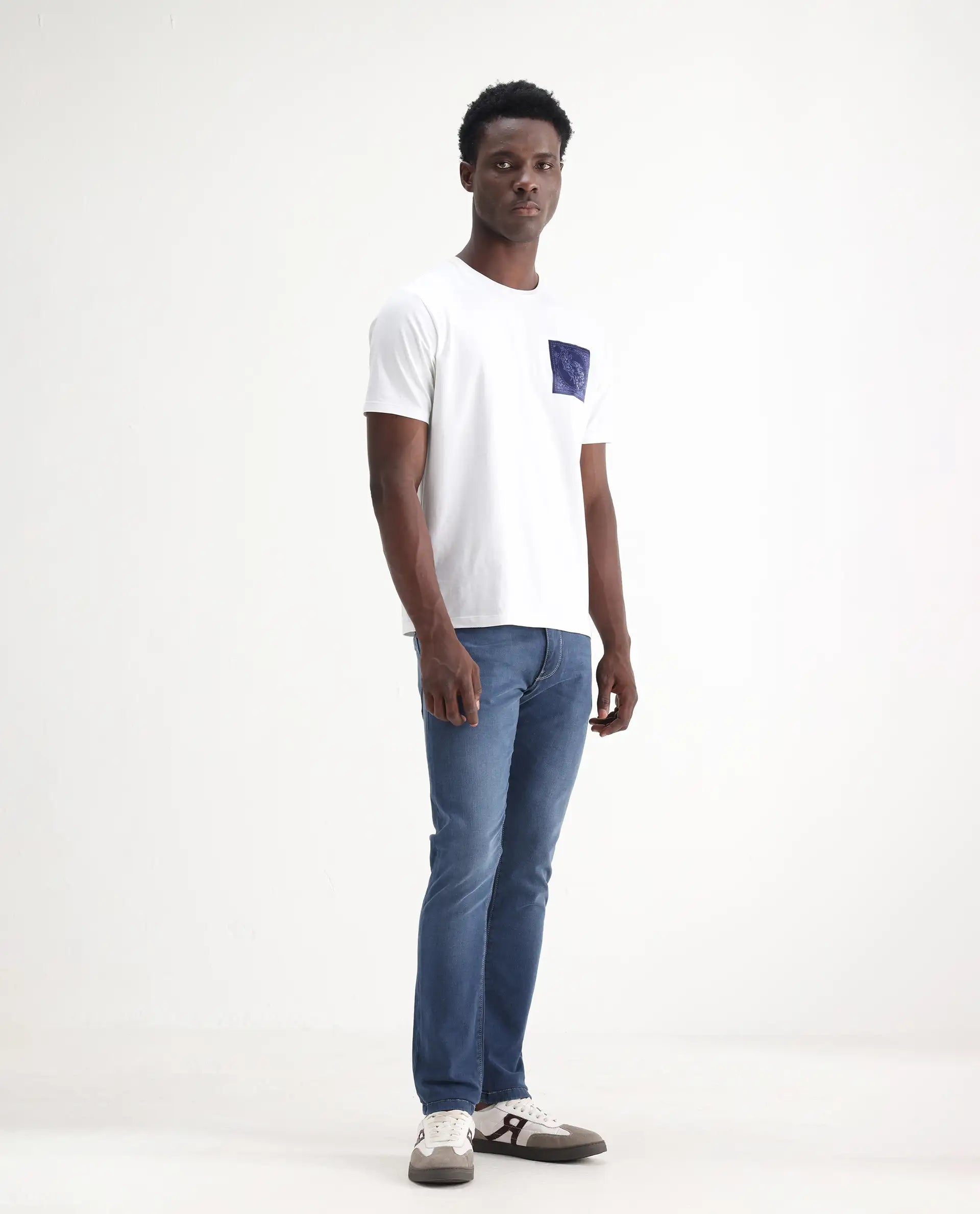 Rare Rabbit Men's Vadim Blue Cotton Plain Hawk Slim Fit Jeans