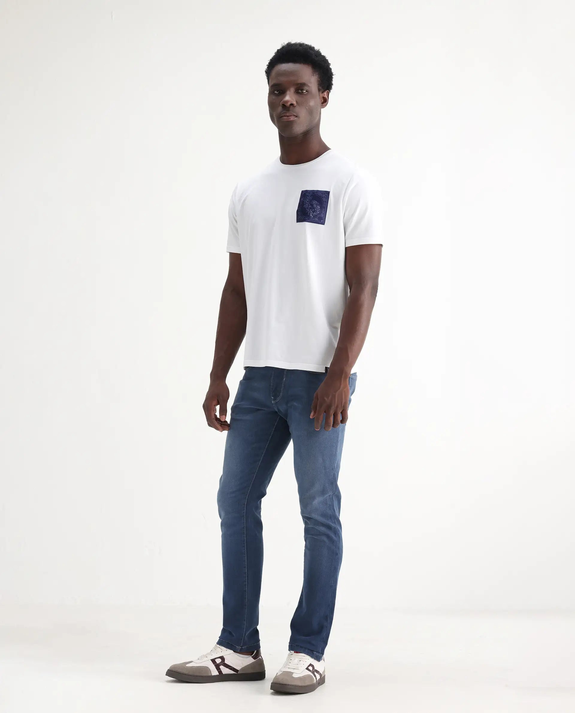 Rare Rabbit Men's Vadim Blue Cotton Plain Hawk Slim Fit Jeans