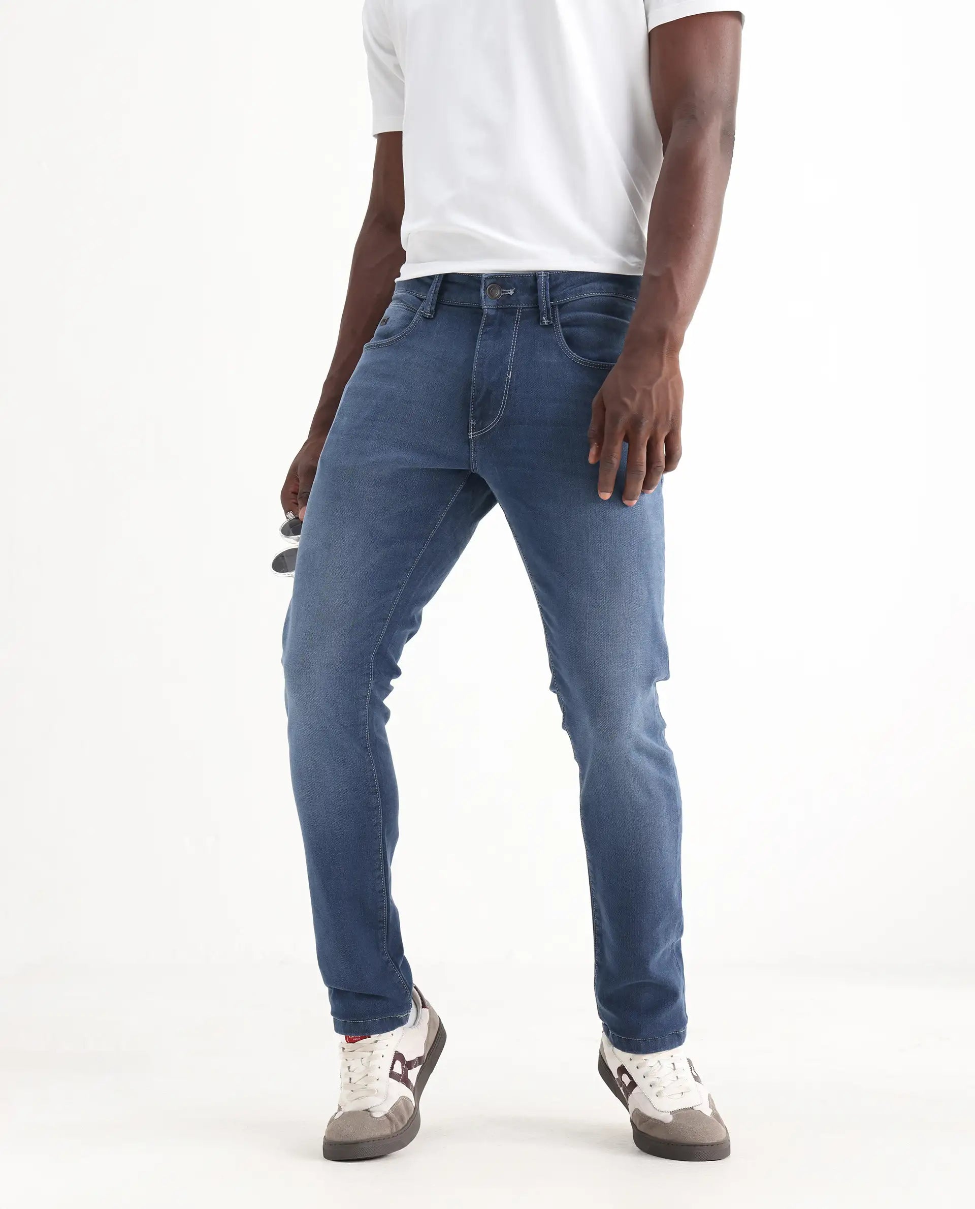 Rare Rabbit Men's Vadim Blue Cotton Plain Hawk Slim Fit Jeans