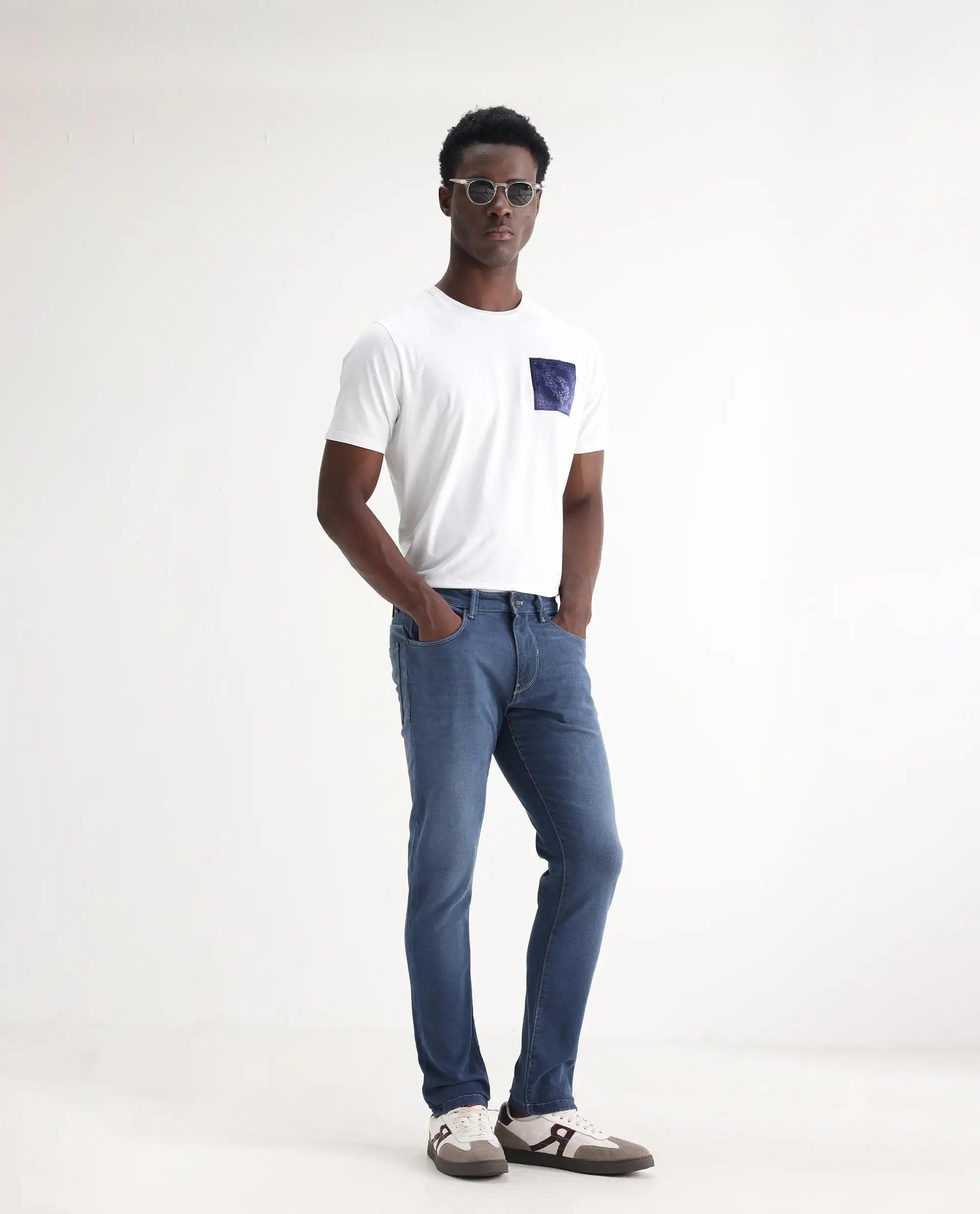 Rare Rabbit Men's Vadim Blue Cotton Plain Hawk Slim Fit Jeans