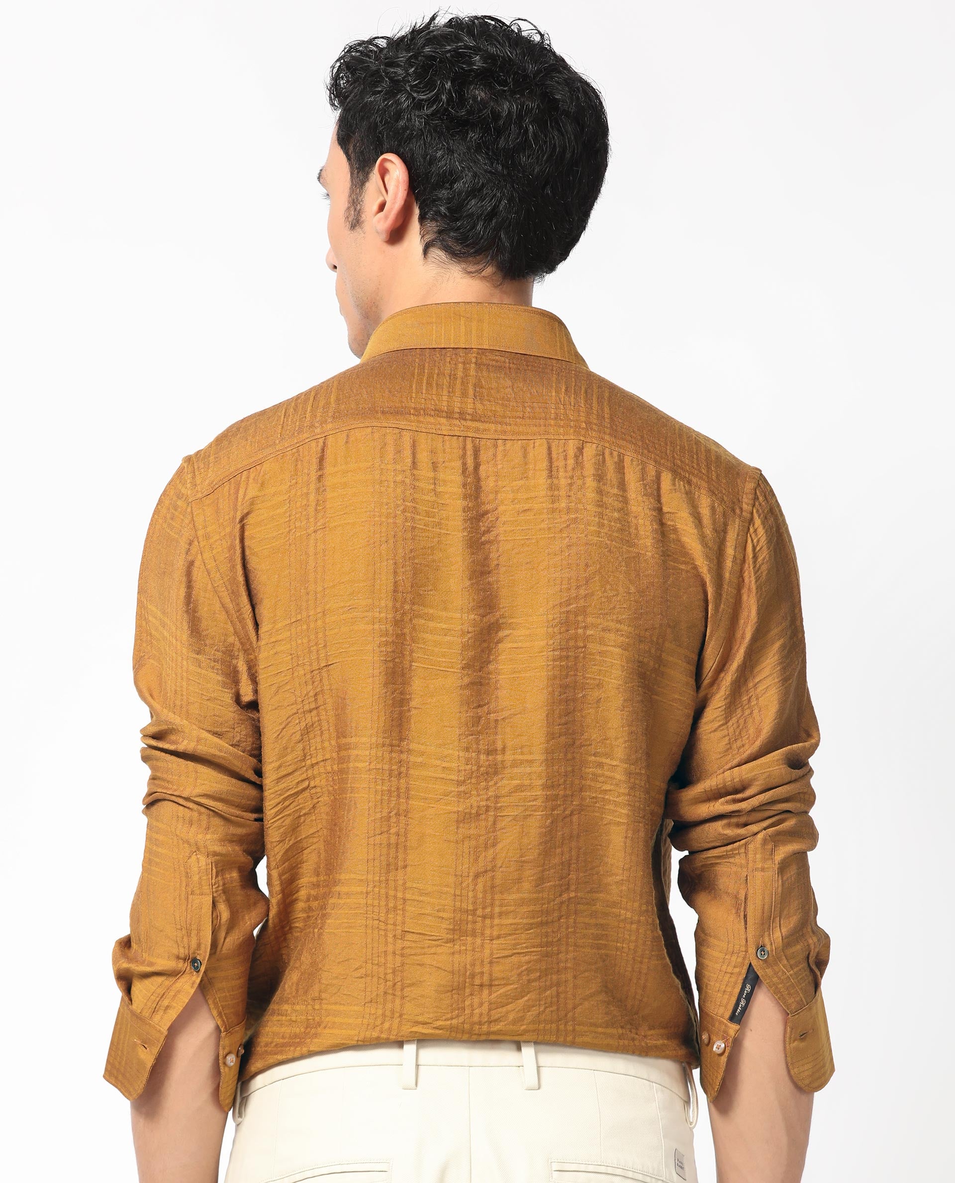 Rare Rabbit Men's Vagen Mustard Viscose Nylon Fabric Full Sleeves Checks Shirt