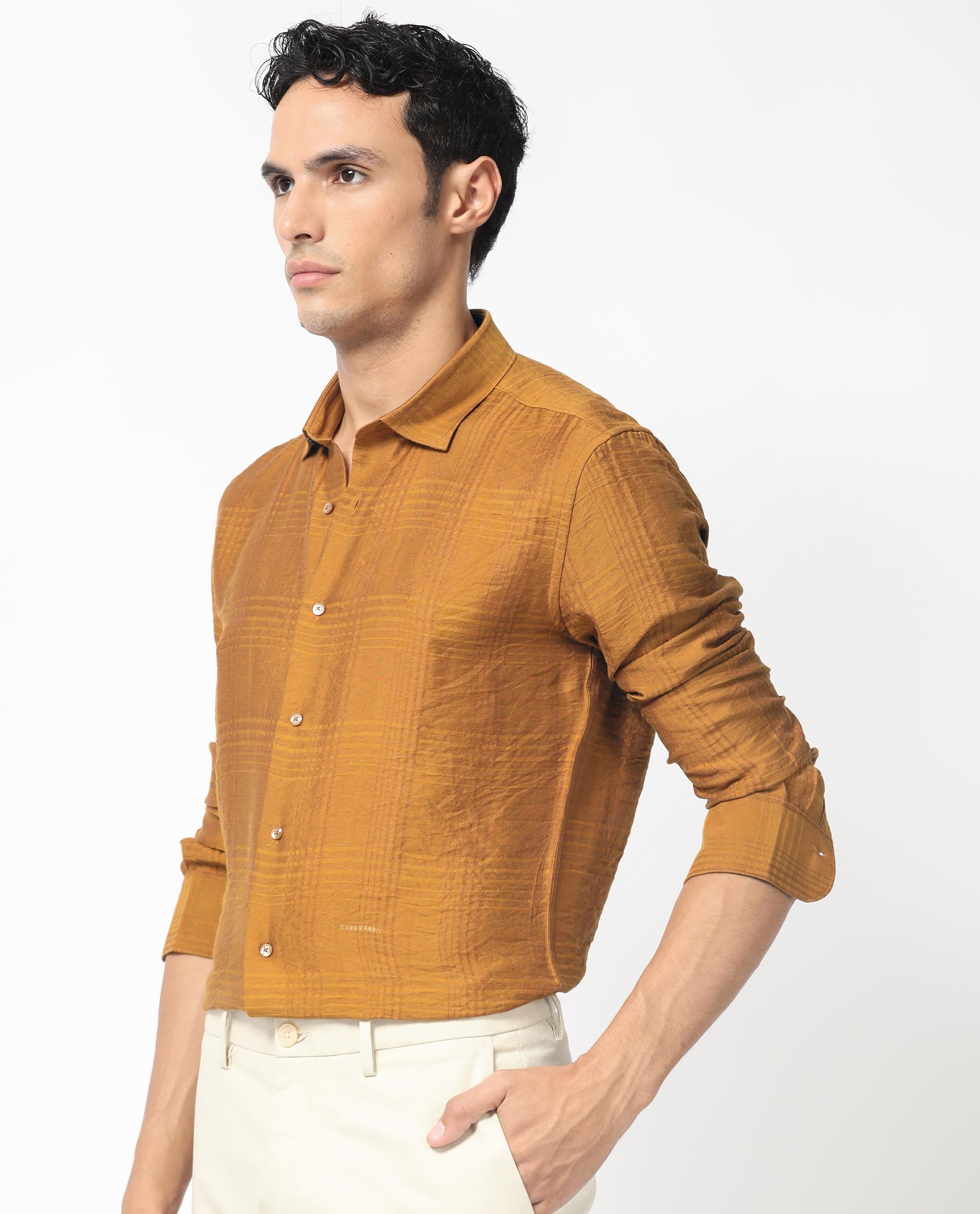 Rare Rabbit Men's Vagen Mustard Viscose Nylon Fabric Full Sleeves Checks Shirt