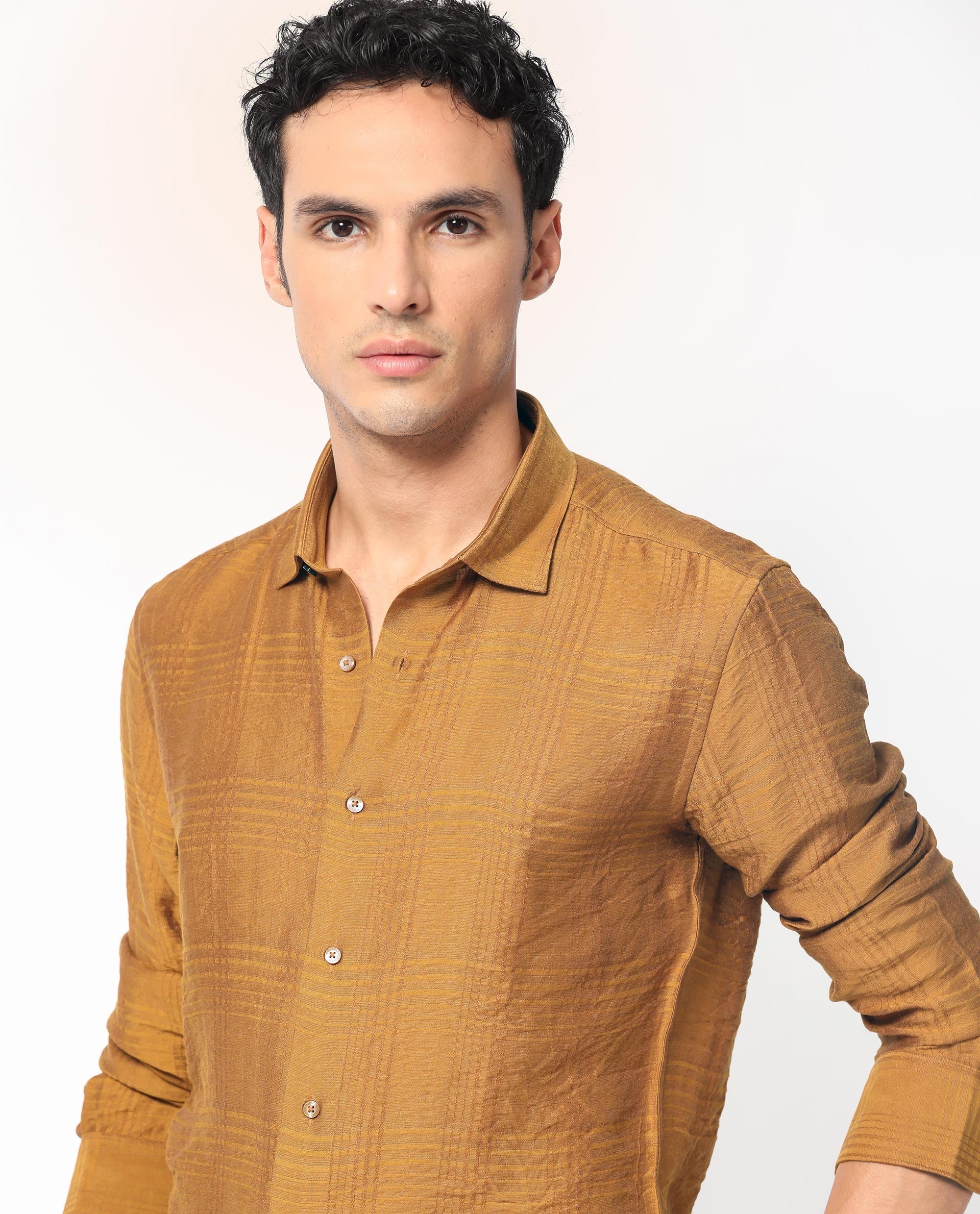 Rare Rabbit Men's Vagen Mustard Viscose Nylon Fabric Full Sleeves Checks Shirt