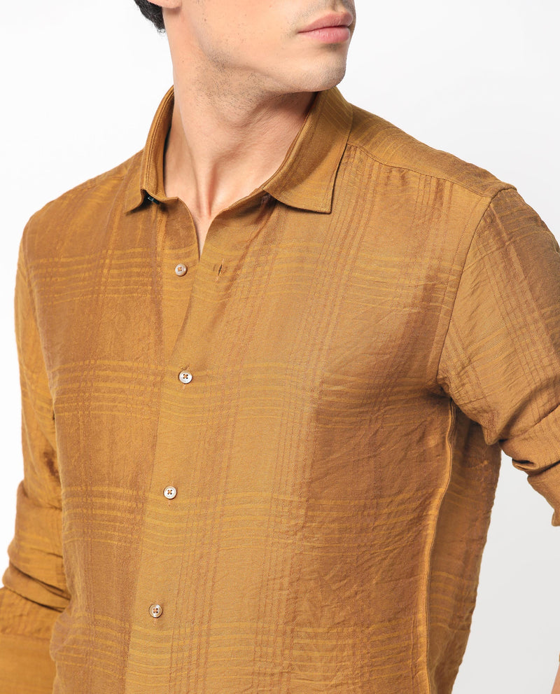 Rare Rabbit Men's Vagen Mustard Viscose Nylon Fabric Full Sleeves Checks Shirt