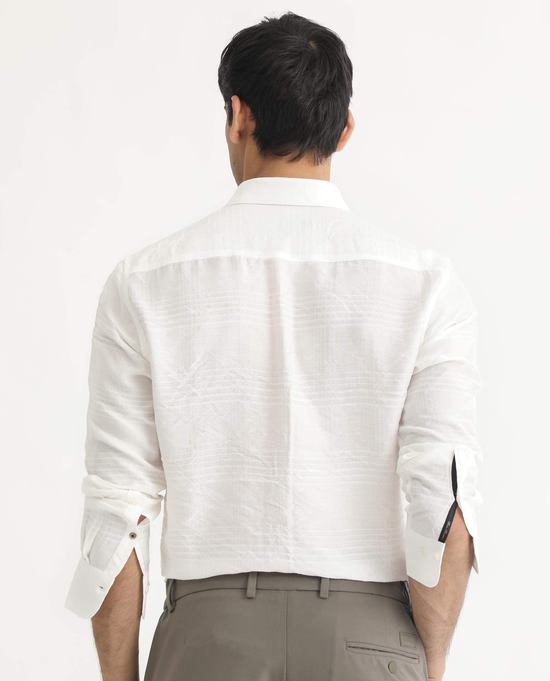 Rare Rabbit Men's Vagen Off-White Viscose Nylon Fabric Full Sleeves Self Check Dobby Shirt