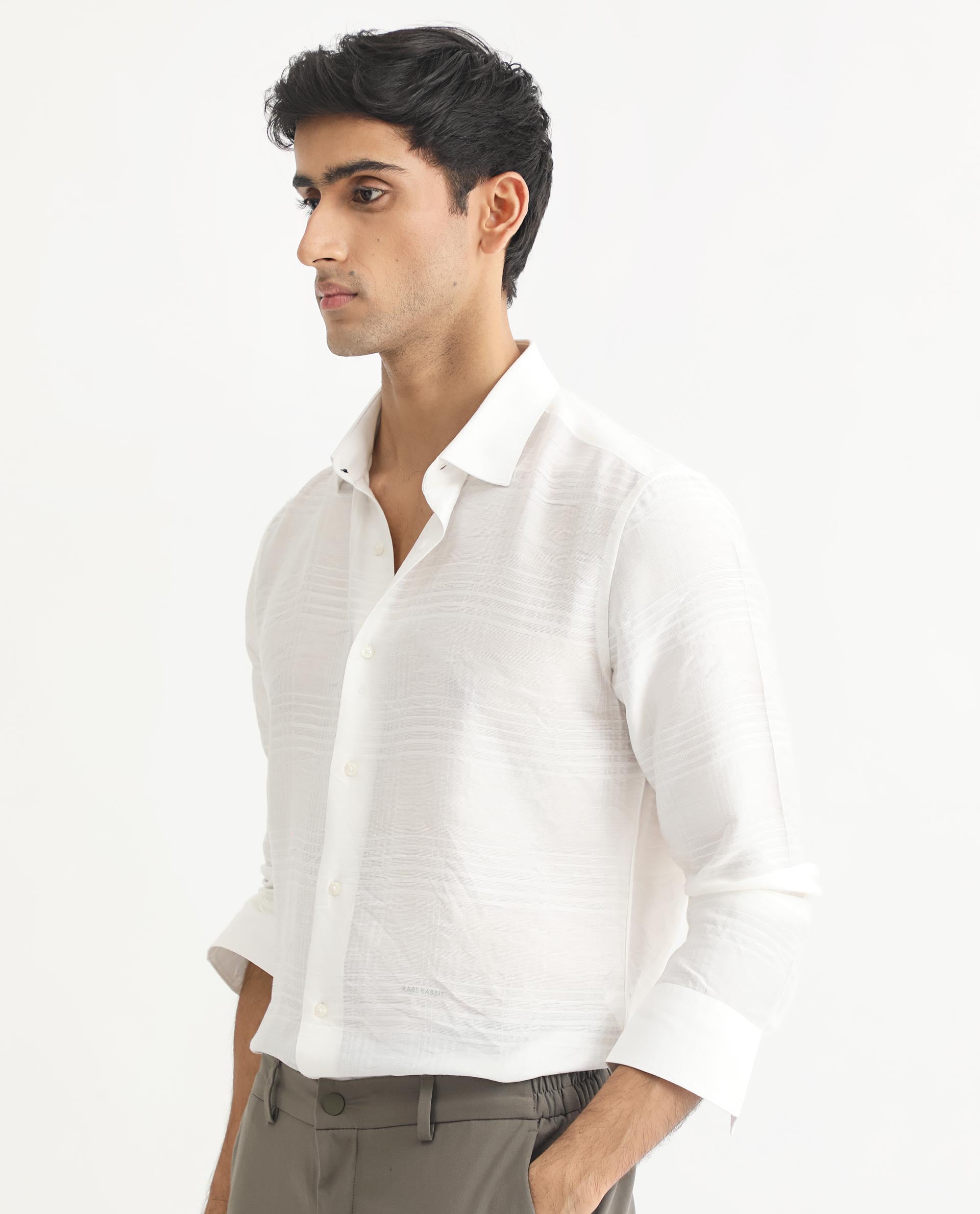 Rare Rabbit Men's Vagen Off-White Viscose Nylon Fabric Full Sleeves Self Check Dobby Shirt