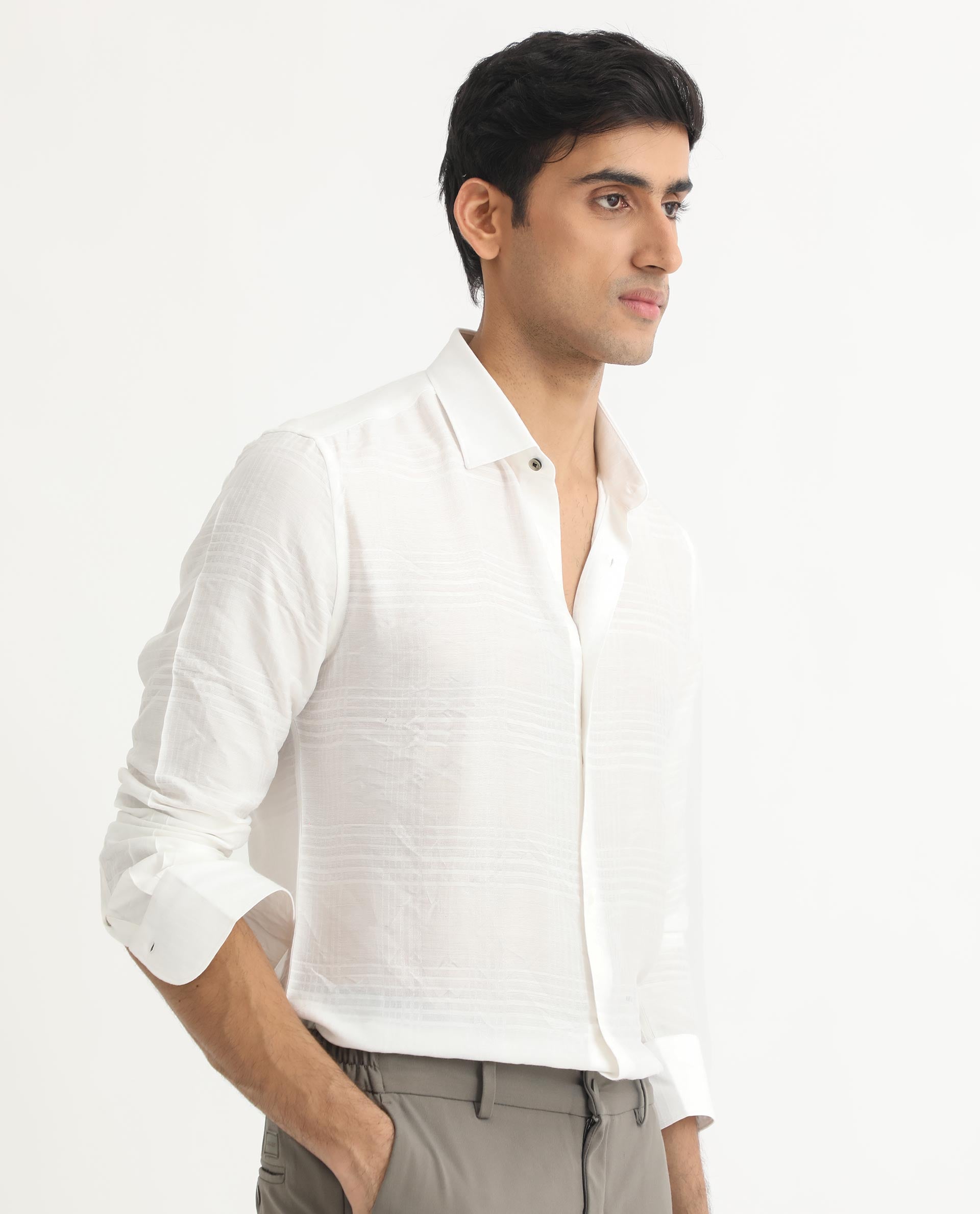 Rare Rabbit Men's Vagen Off-White Viscose Nylon Fabric Full Sleeves Self Check Dobby Shirt