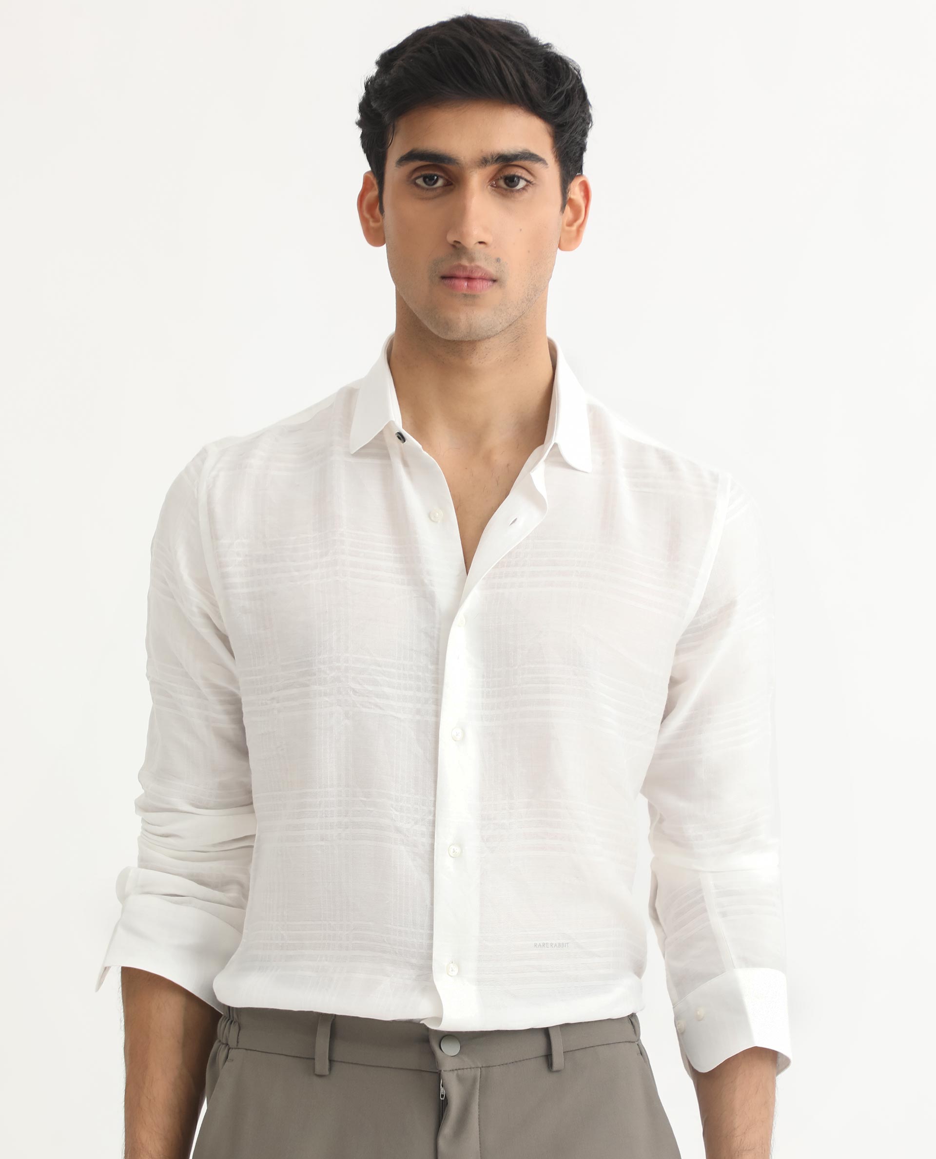 Rare Rabbit Men's Vagen Off-White Viscose Nylon Fabric Full Sleeves Self Check Dobby Shirt