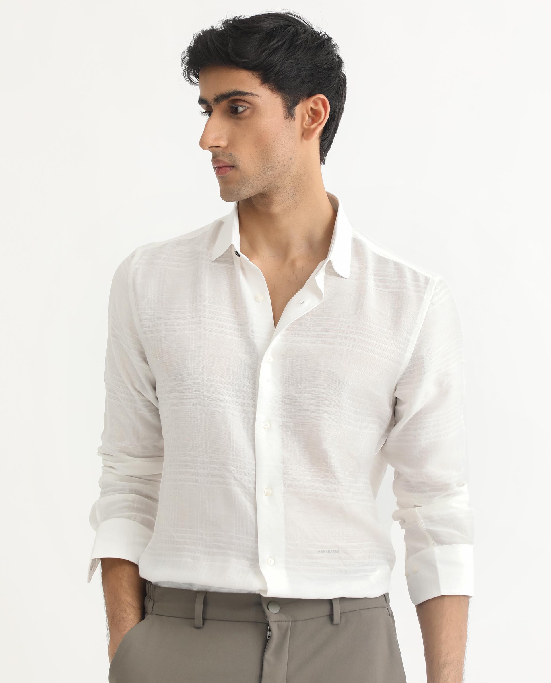 Rare Rabbit Men's Vagen Off-White Viscose Nylon Fabric Full Sleeves Self Check Dobby Shirt