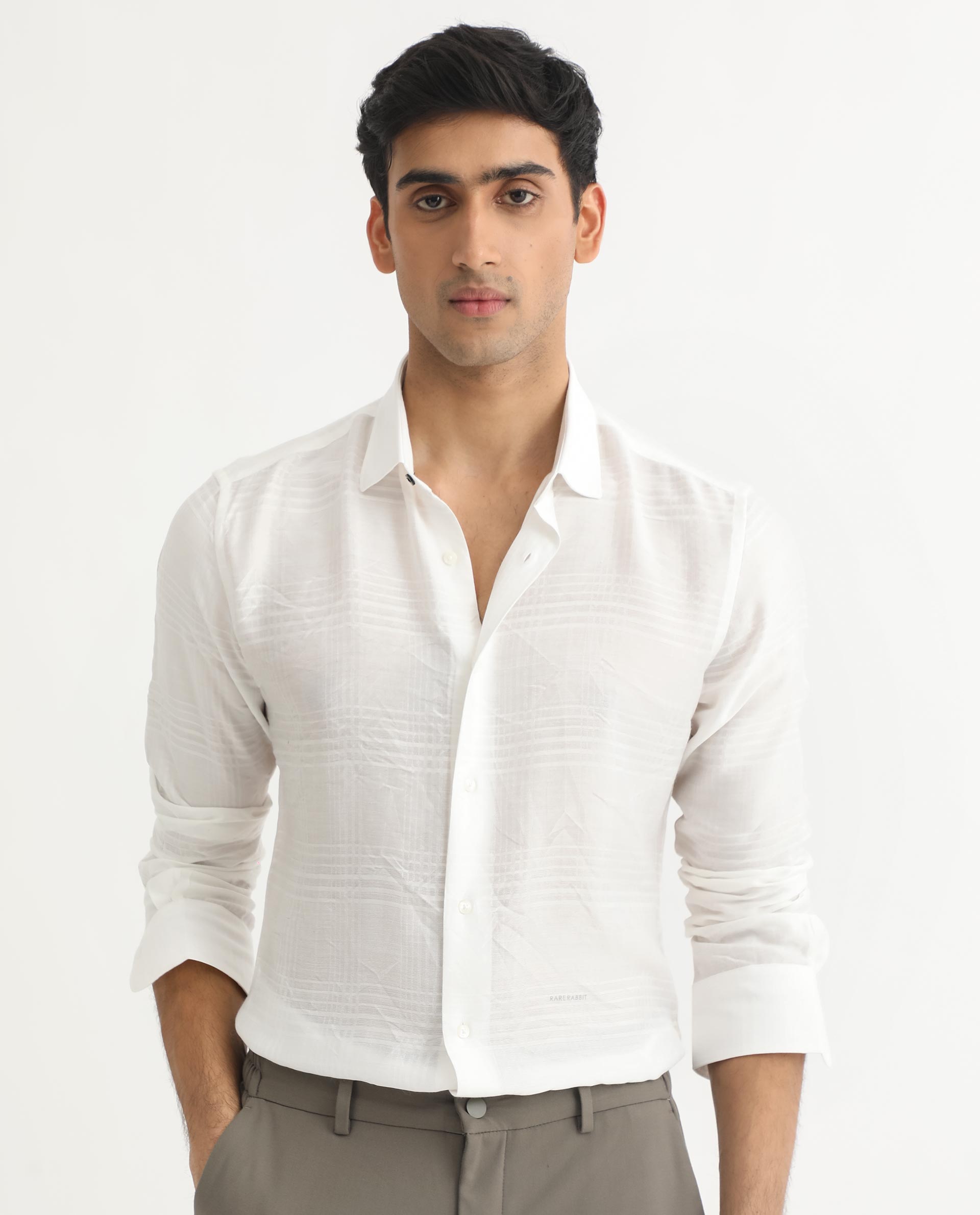 Rare Rabbit Men's Vagen Off-White Viscose Nylon Fabric Full Sleeves Self Check Dobby Shirt