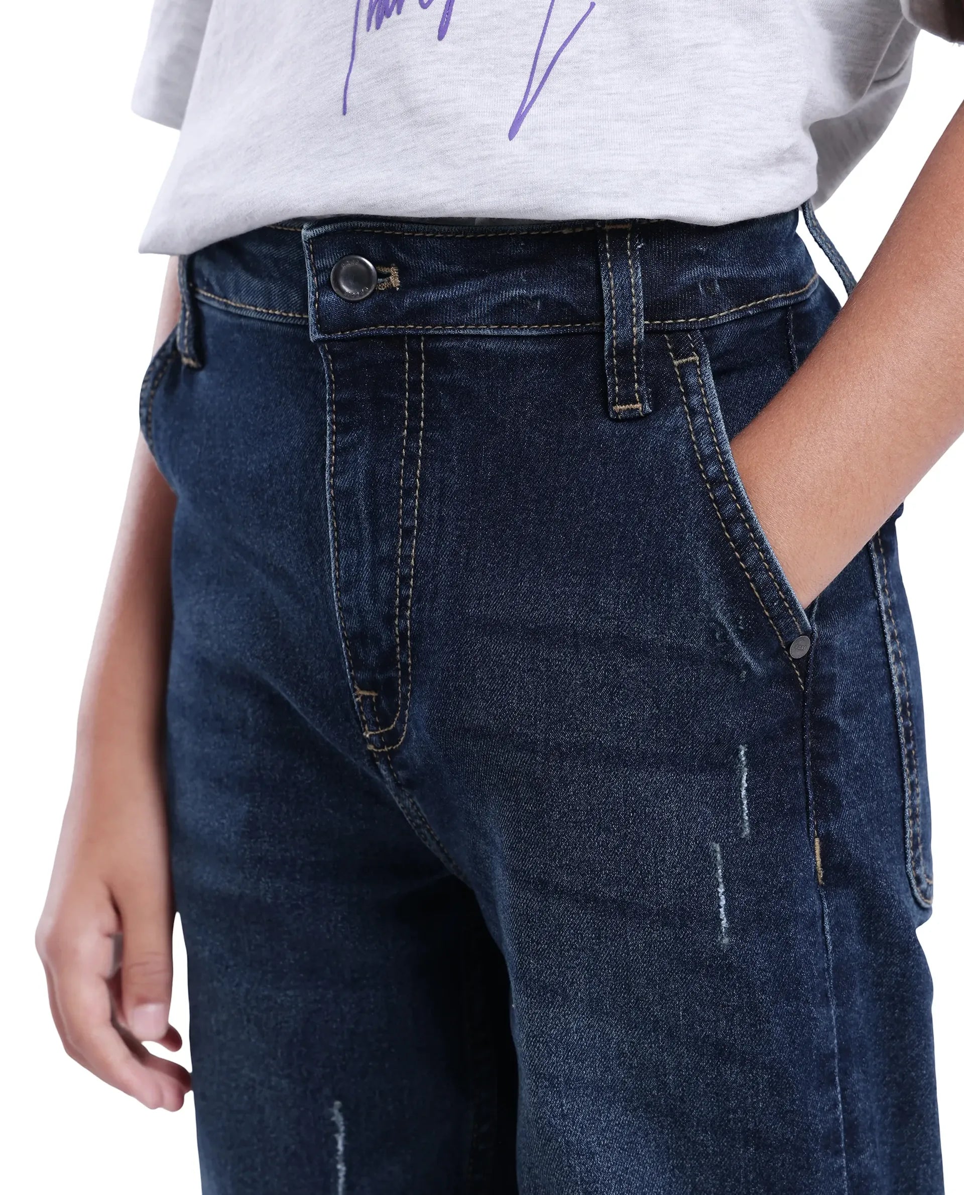 Rare Ones Kids Vail Dark Blue Cotton Solid Button And Zip Closure Wide Leg Fit Jeans