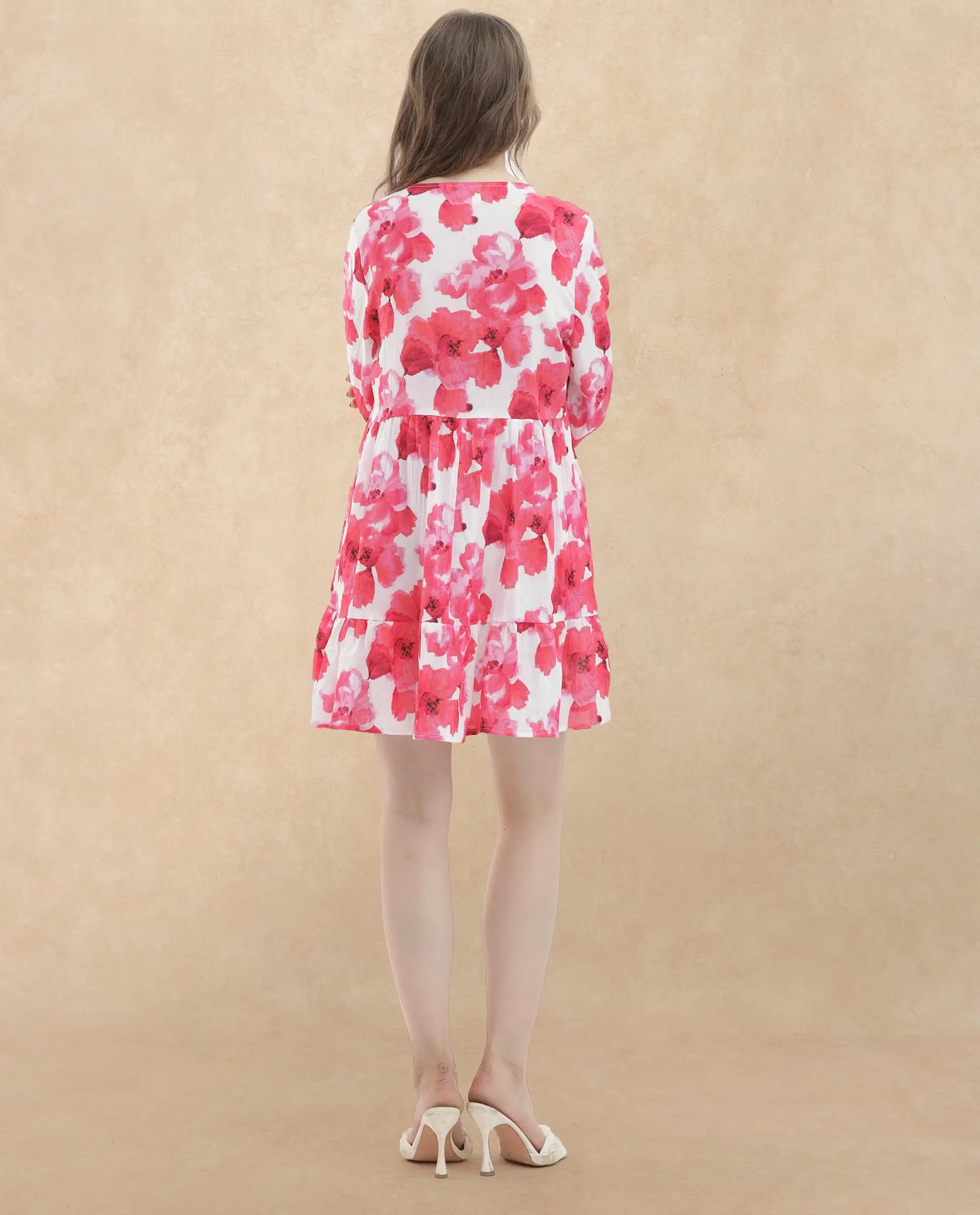 Rareism Women Valan Pink Cotton Fabric Full Sleeves V-Neck Fit And Flare Floral Print Mini Dress