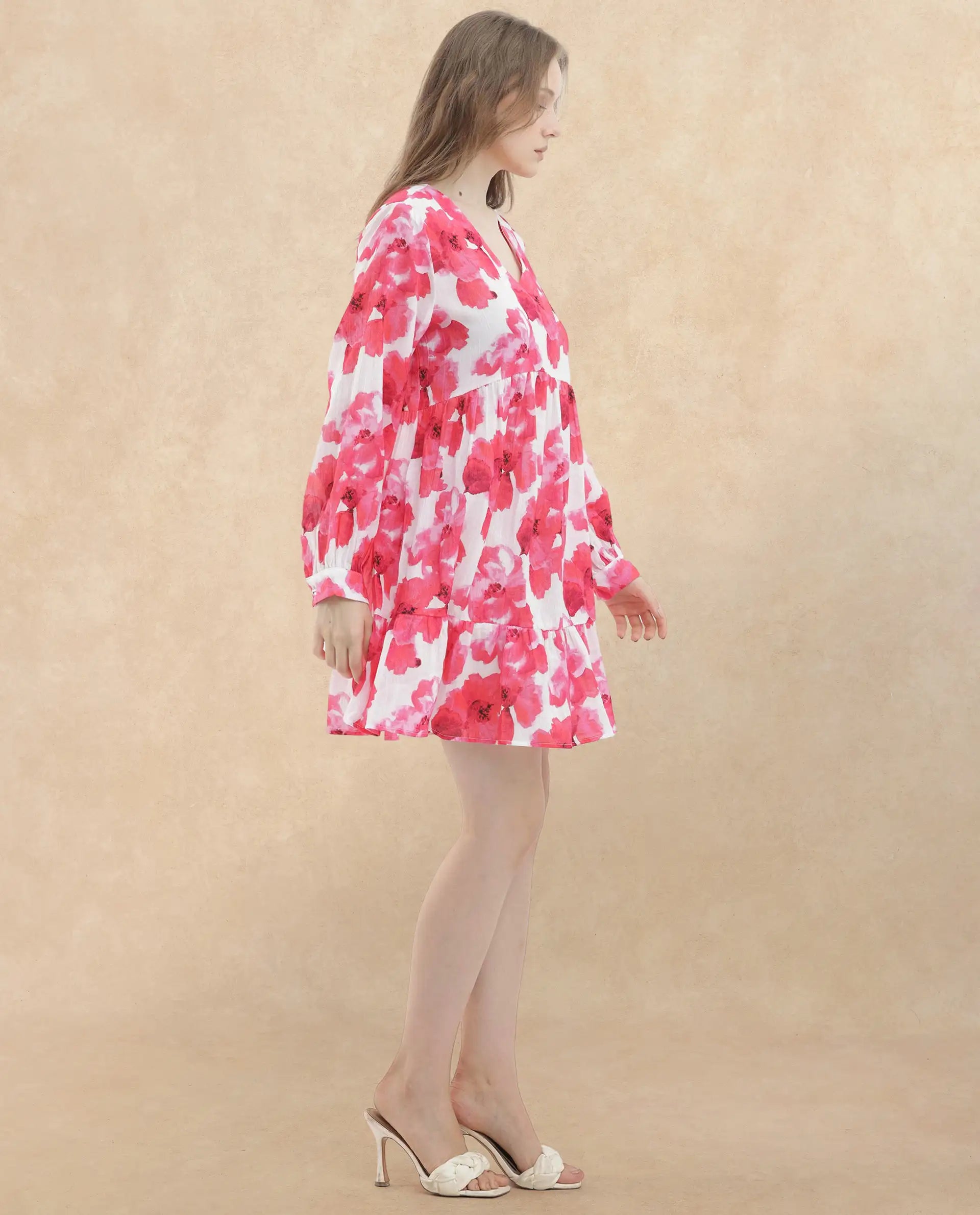 Rareism Women Valan Pink Cotton Fabric Full Sleeves V-Neck Fit And Flare Floral Print Mini Dress