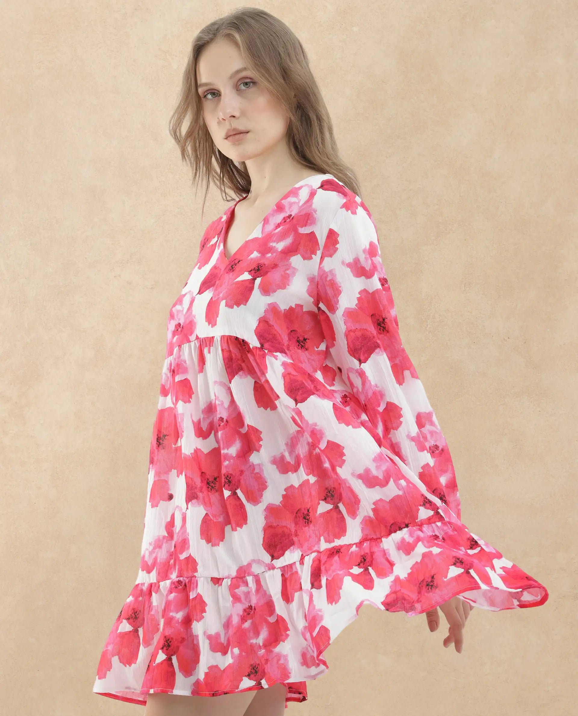 Rareism Women Valan Pink Cotton Fabric Full Sleeves V-Neck Fit And Flare Floral Print Mini Dress