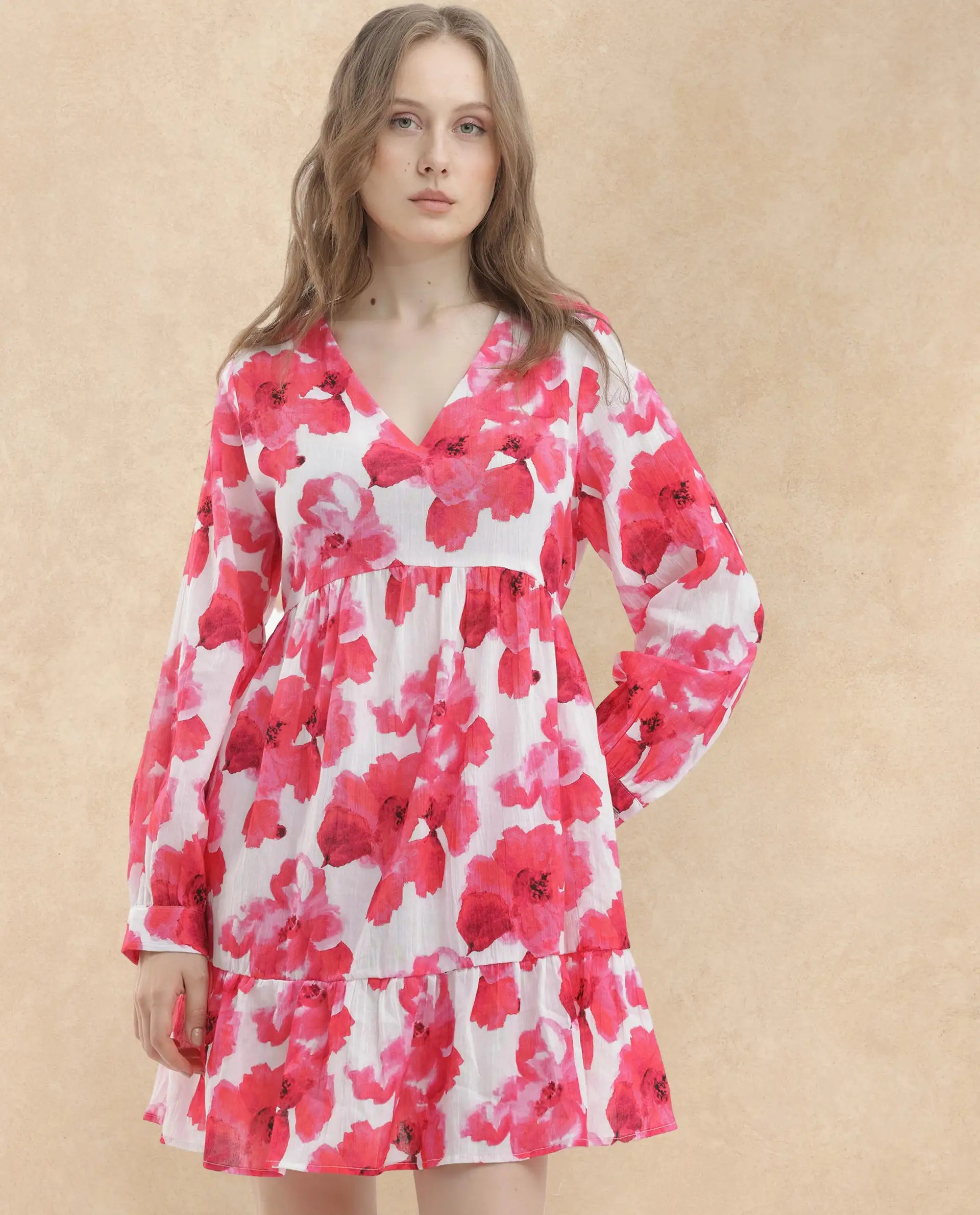 Rareism Women Valan Pink Cotton Fabric Full Sleeves V-Neck Fit And Flare Floral Print Mini Dress