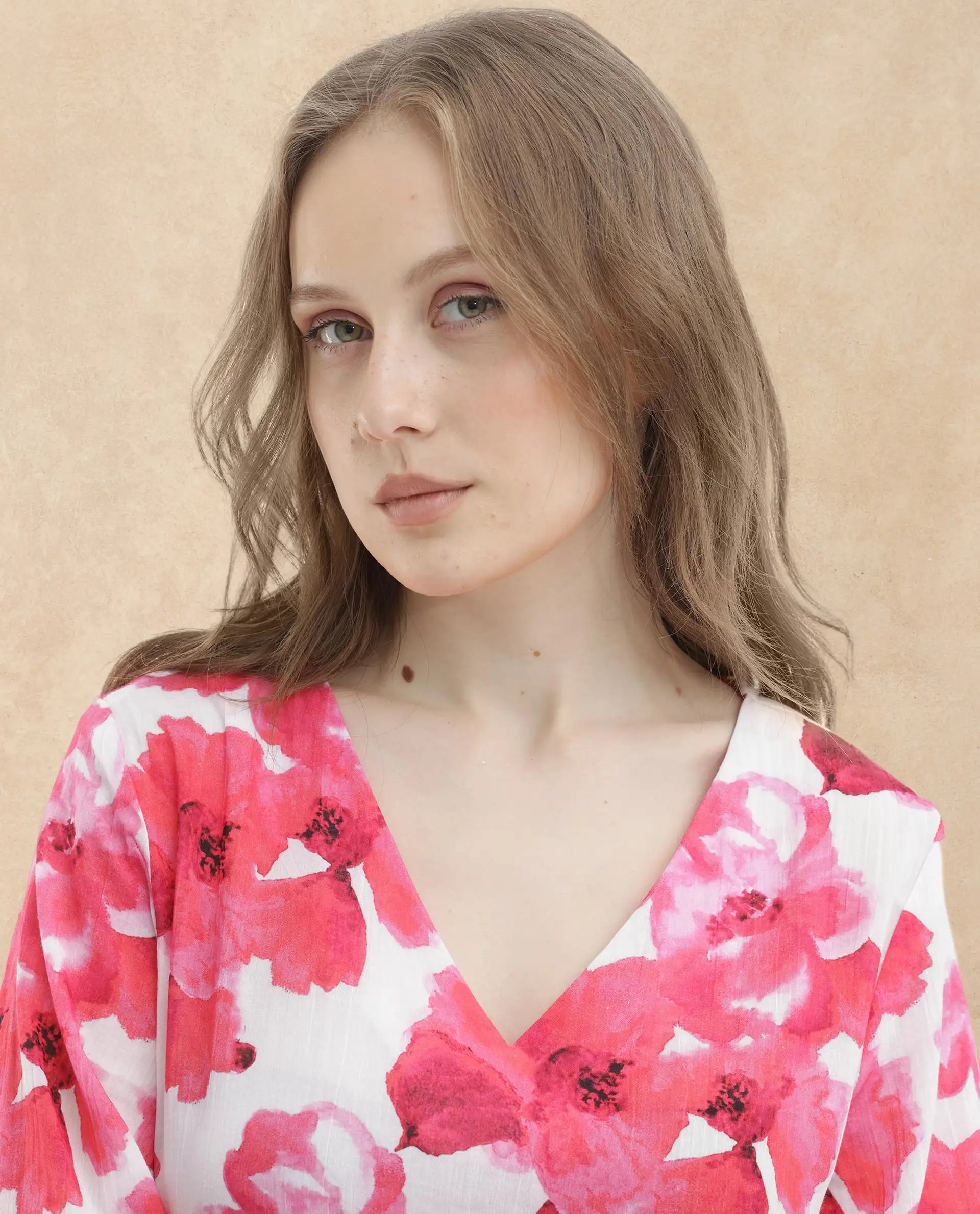 Rareism Women Valan Pink Cotton Fabric Full Sleeves V-Neck Fit And Flare Floral Print Mini Dress