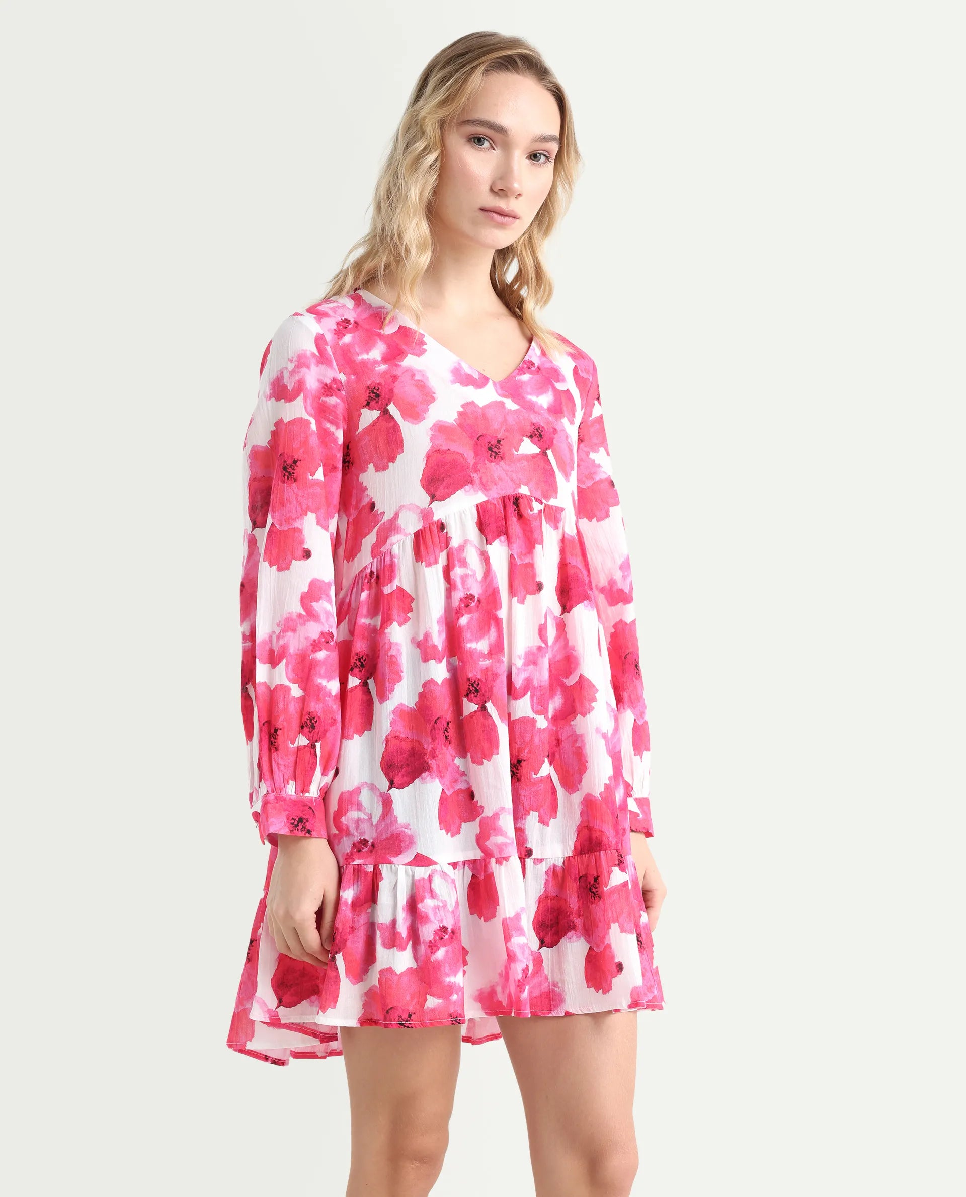 Rareism Women's Valan Pink Cotton V-Neck Floral Print Mini Fit And Flare Dress