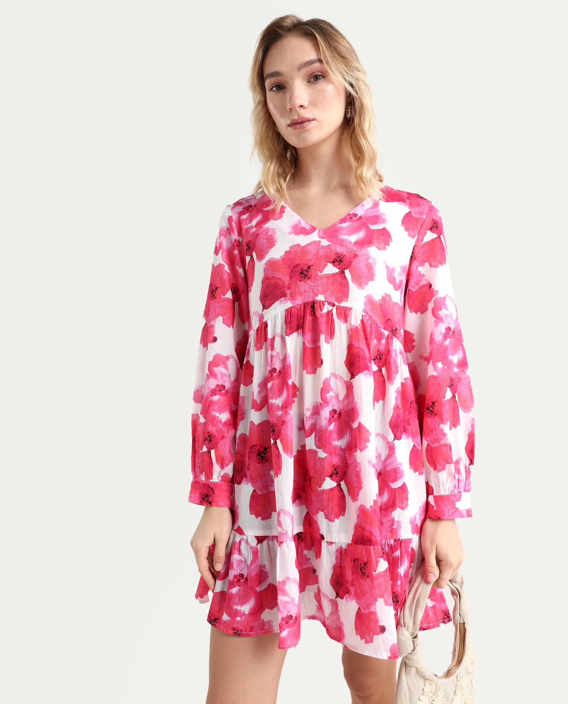 Rareism Women's Valan Pink Cotton V-Neck Floral Print Mini Fit And Flare Dress