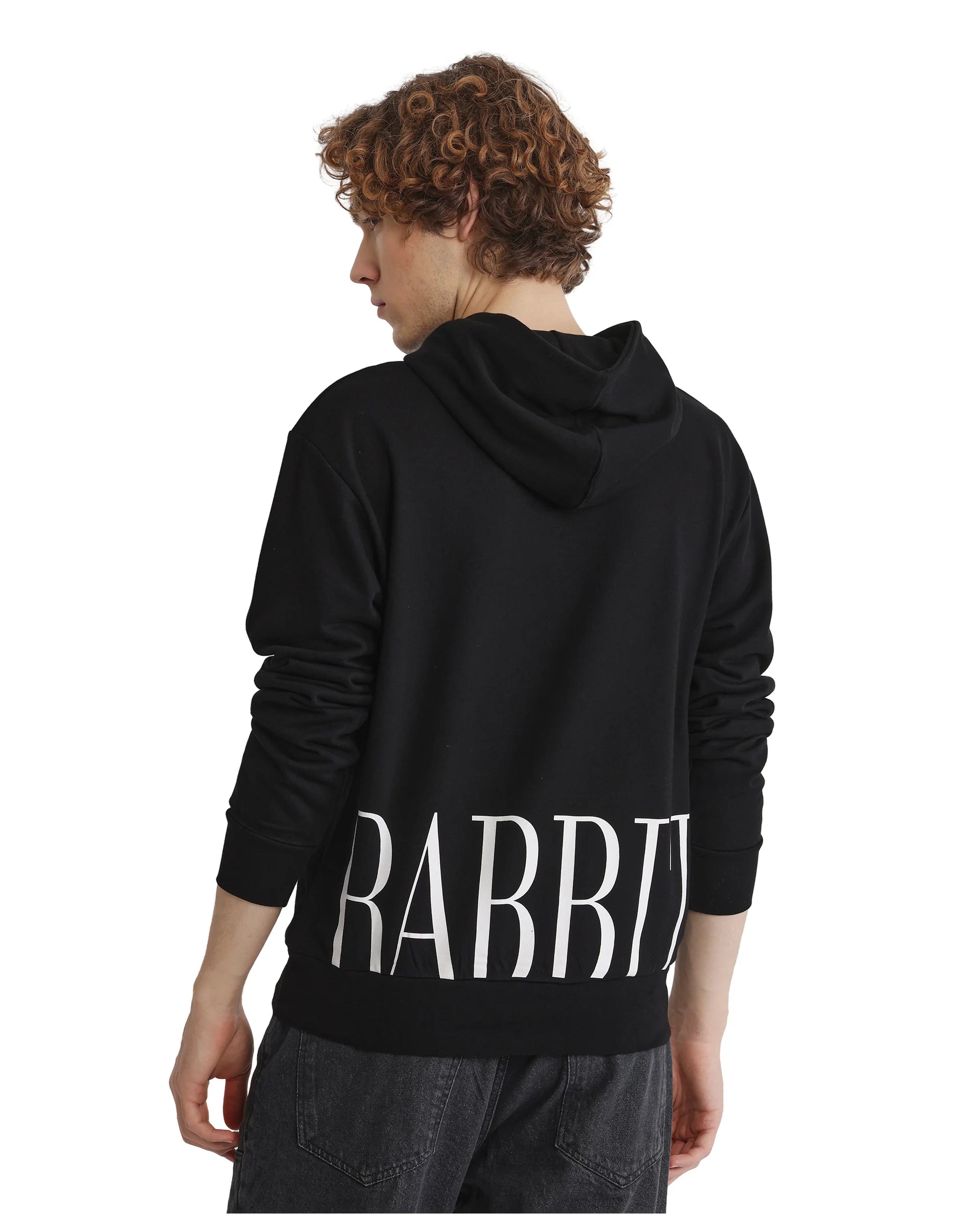 Rare Rabbit Men Vale Black Cotton Polyester Fabric Full Sleeve Hooded Regular Fit Printed Sweatshirt