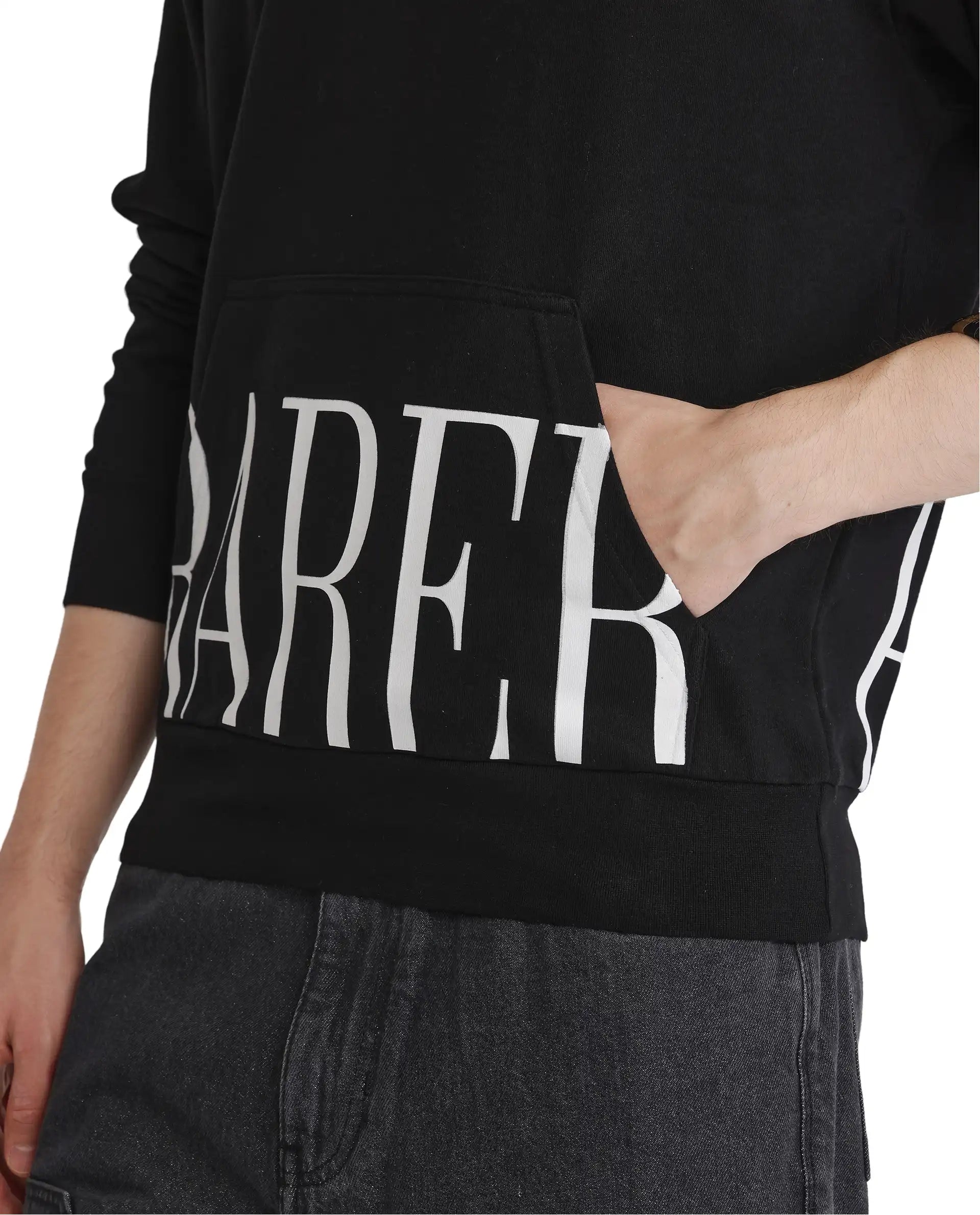 Rare Rabbit Men Vale Black Cotton Polyester Fabric Full Sleeve Hooded Regular Fit Printed Sweatshirt