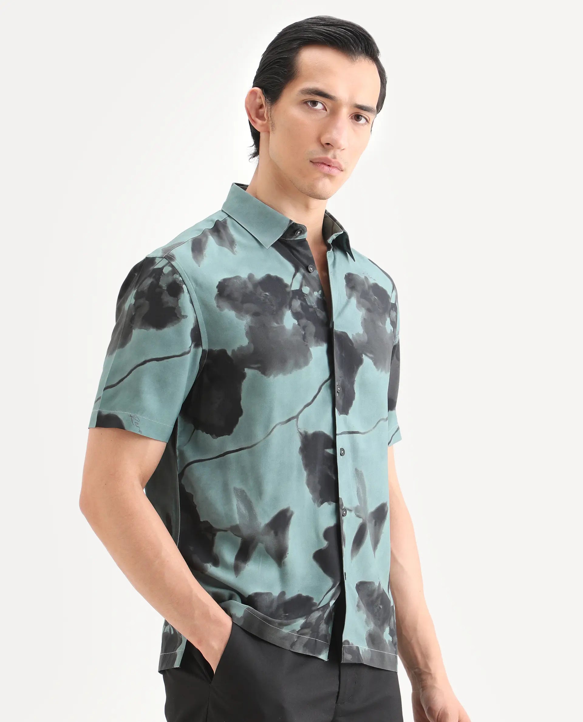 Rare Rabbit Men's Vale Dusky Green Viscose Fabric Full Sleeve Spread Collar Regular Fit Abstract Print Shirt