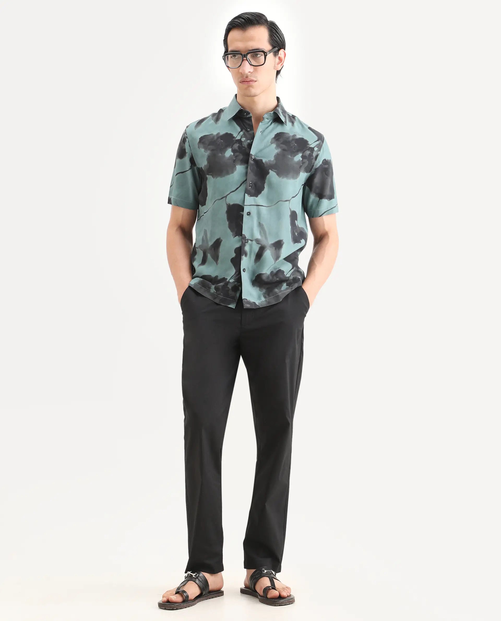 Rare Rabbit Men's Vale Dusky Green Viscose Fabric Full Sleeve Spread Collar Regular Fit Abstract Print Shirt
