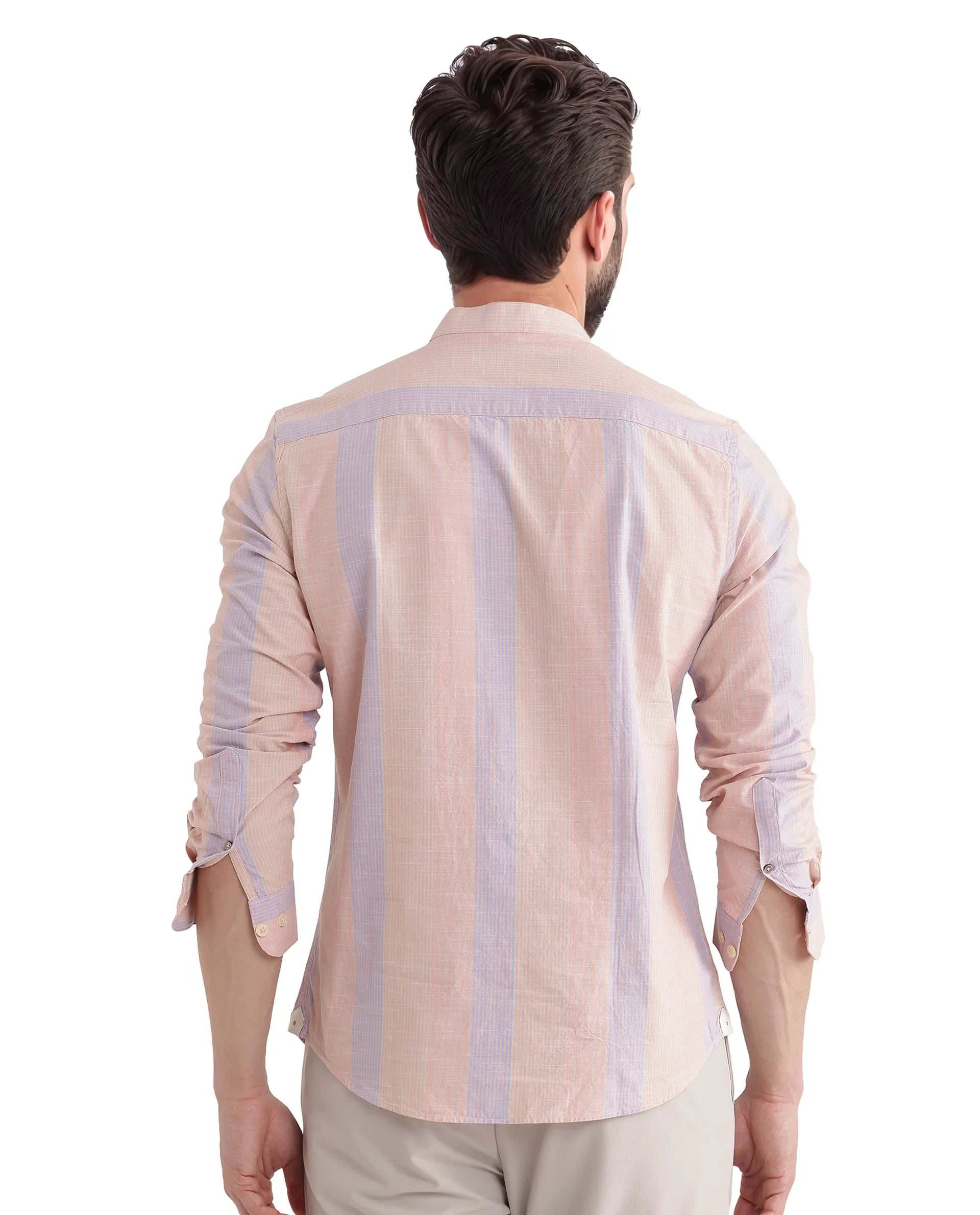 Rare Rabbit Men Vale Light Orange Full Sleeve Mandarin Collared Button Closure Striped Shirt