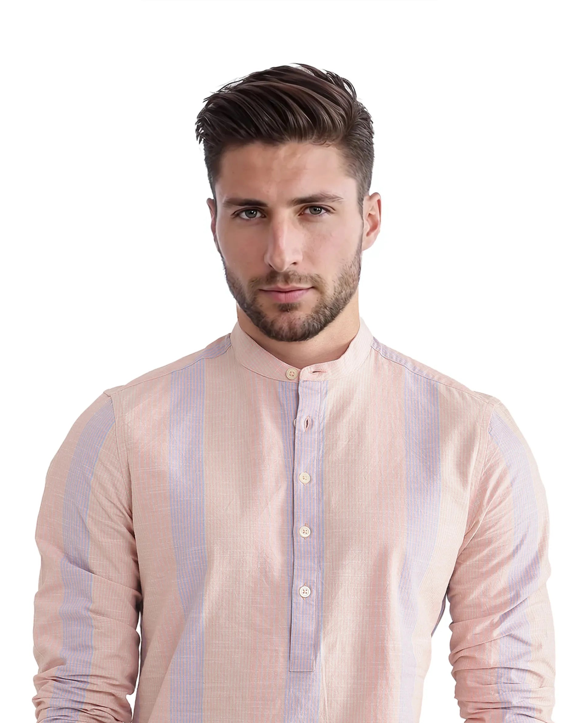 Rare Rabbit Men Vale Light Orange Full Sleeve Mandarin Collared Button Closure Striped Shirt