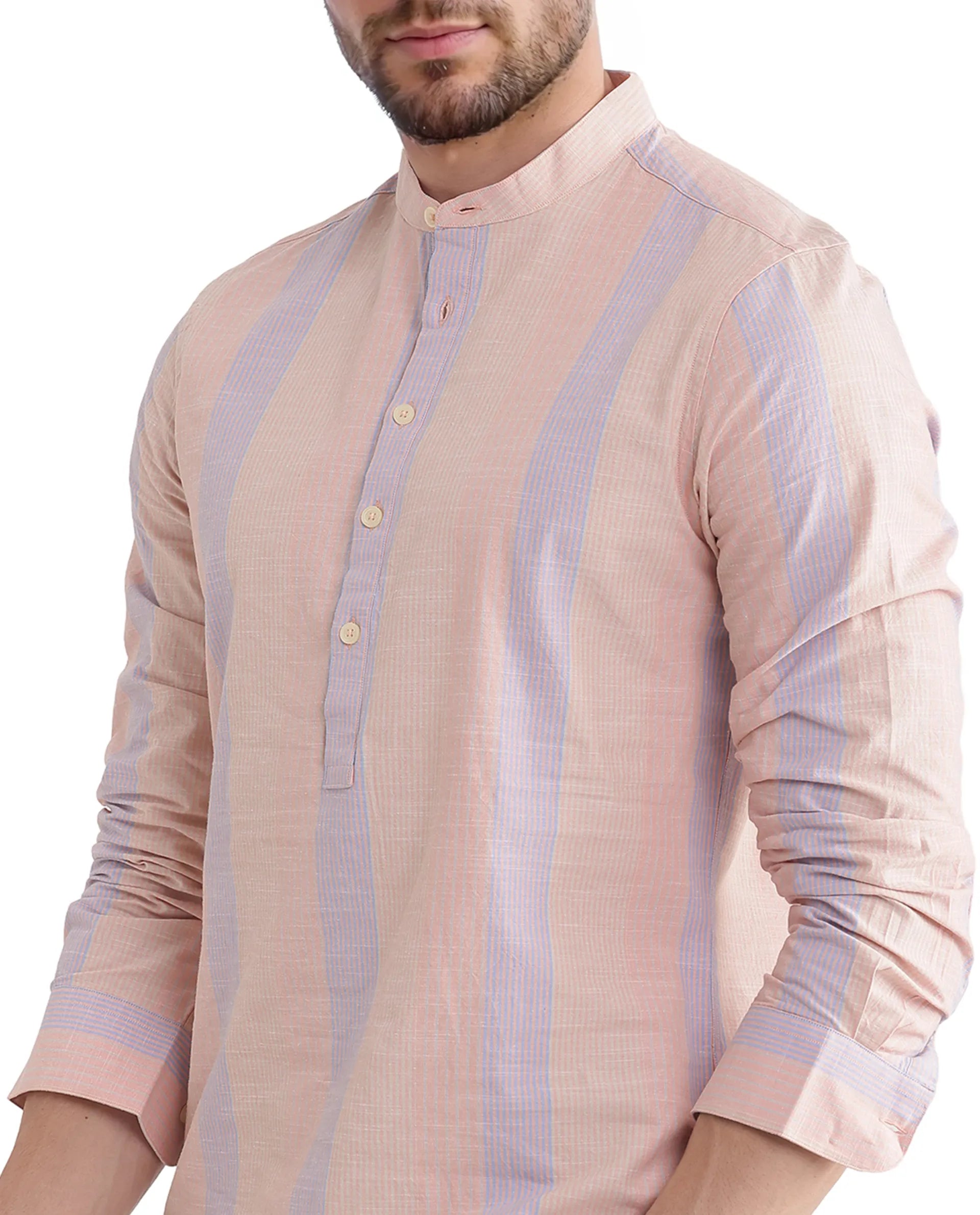 Rare Rabbit Men Vale Light Orange Full Sleeve Mandarin Collared Button Closure Striped Shirt