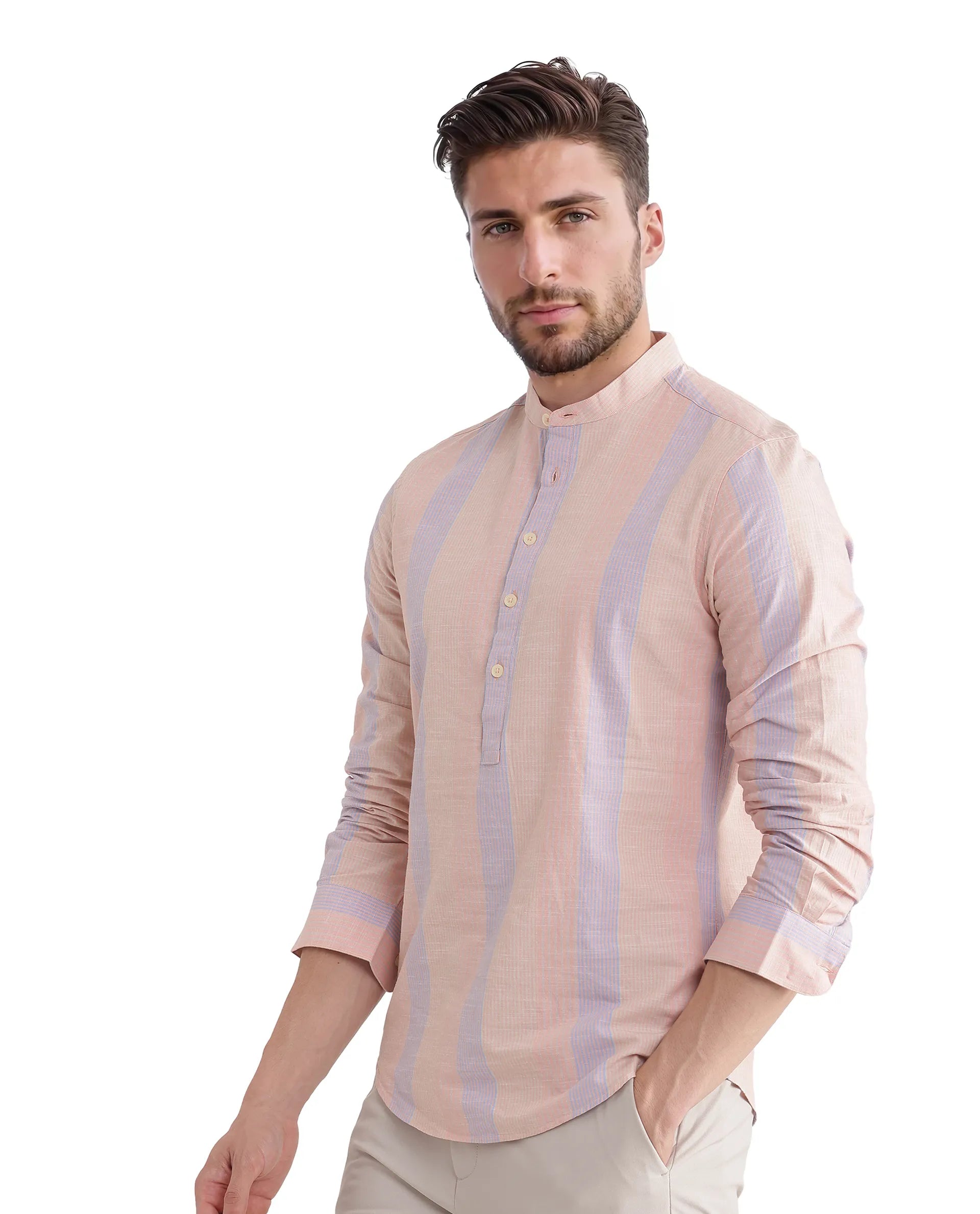 Rare Rabbit Men Vale Light Orange Full Sleeve Mandarin Collared Button Closure Striped Shirt