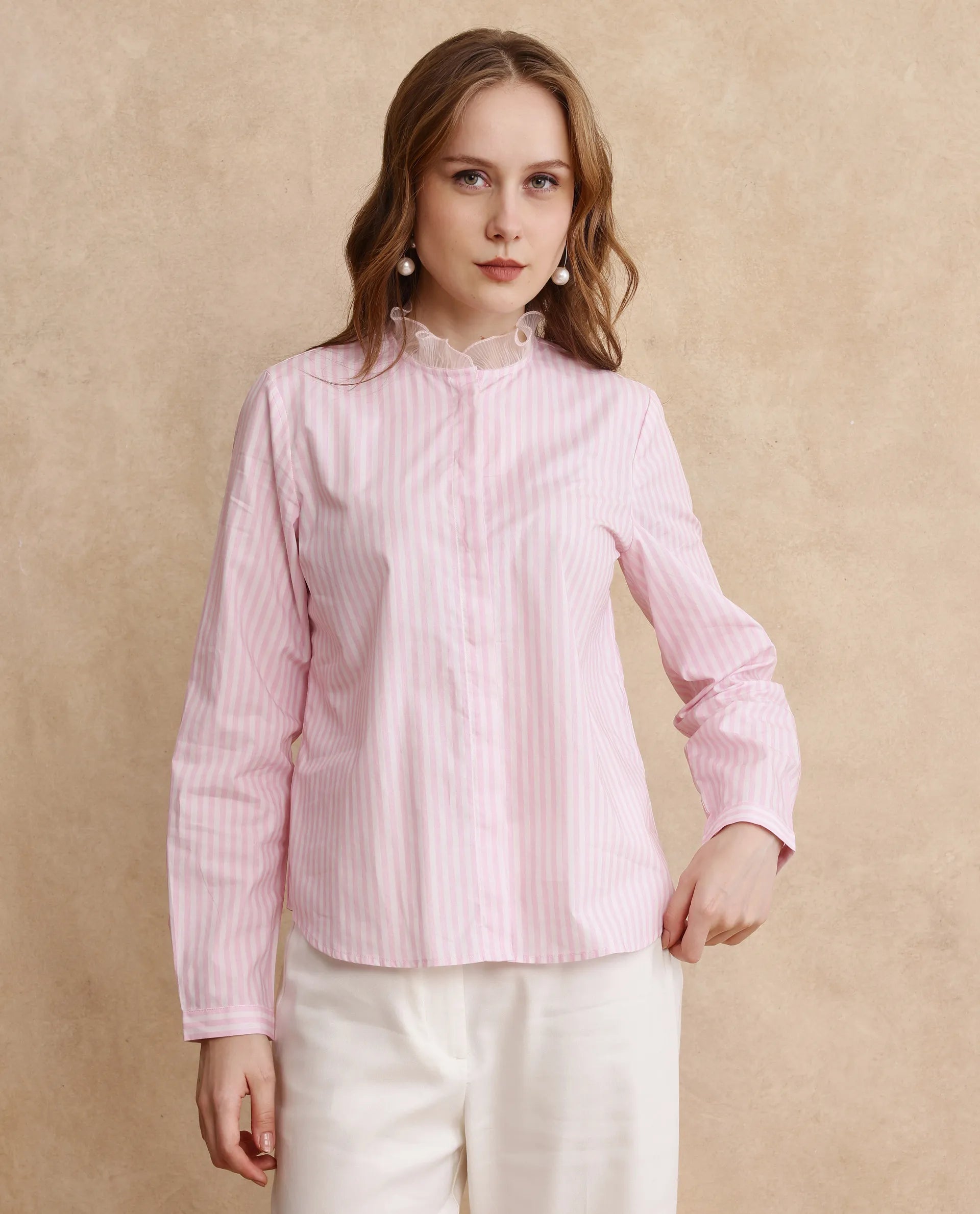 Rareism Women Valencienne Light Pink Cuffed Sleeve Ruffled Neck Regular Fit Striped Shirt