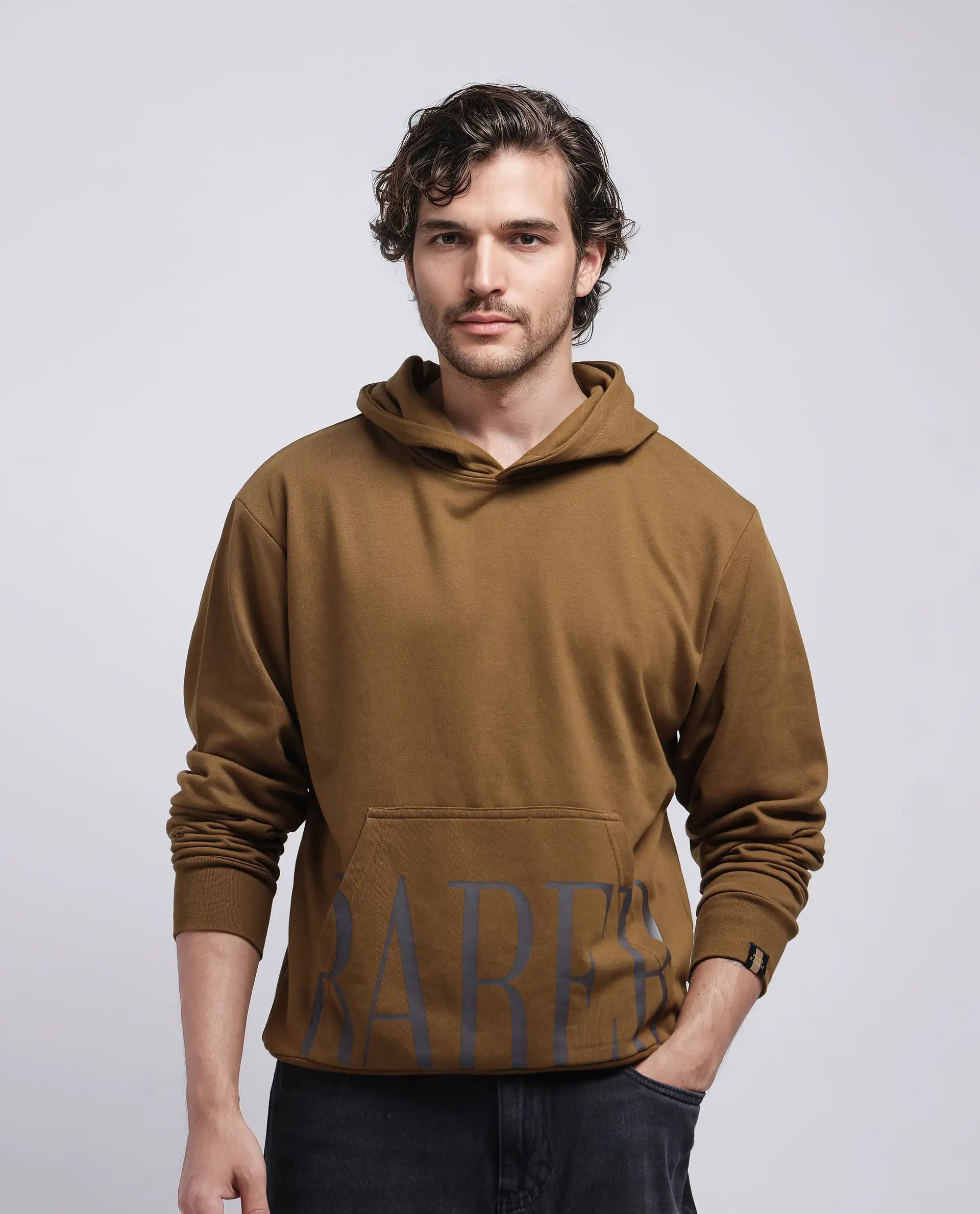 Rare Rabbit Men Vale Olive Cotton Polyester Fabric Full Sleeve Hooded Regular Fit Printed Sweatshirt