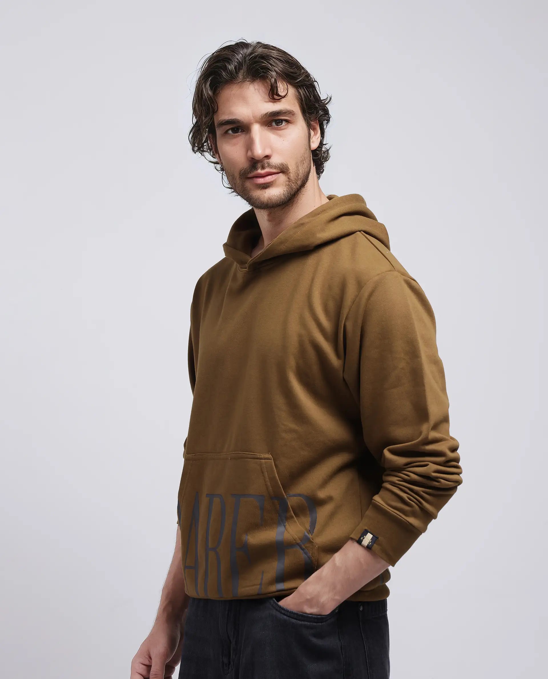 Rare Rabbit Men Vale Olive Cotton Polyester Fabric Full Sleeve Hooded Regular Fit Printed Sweatshirt