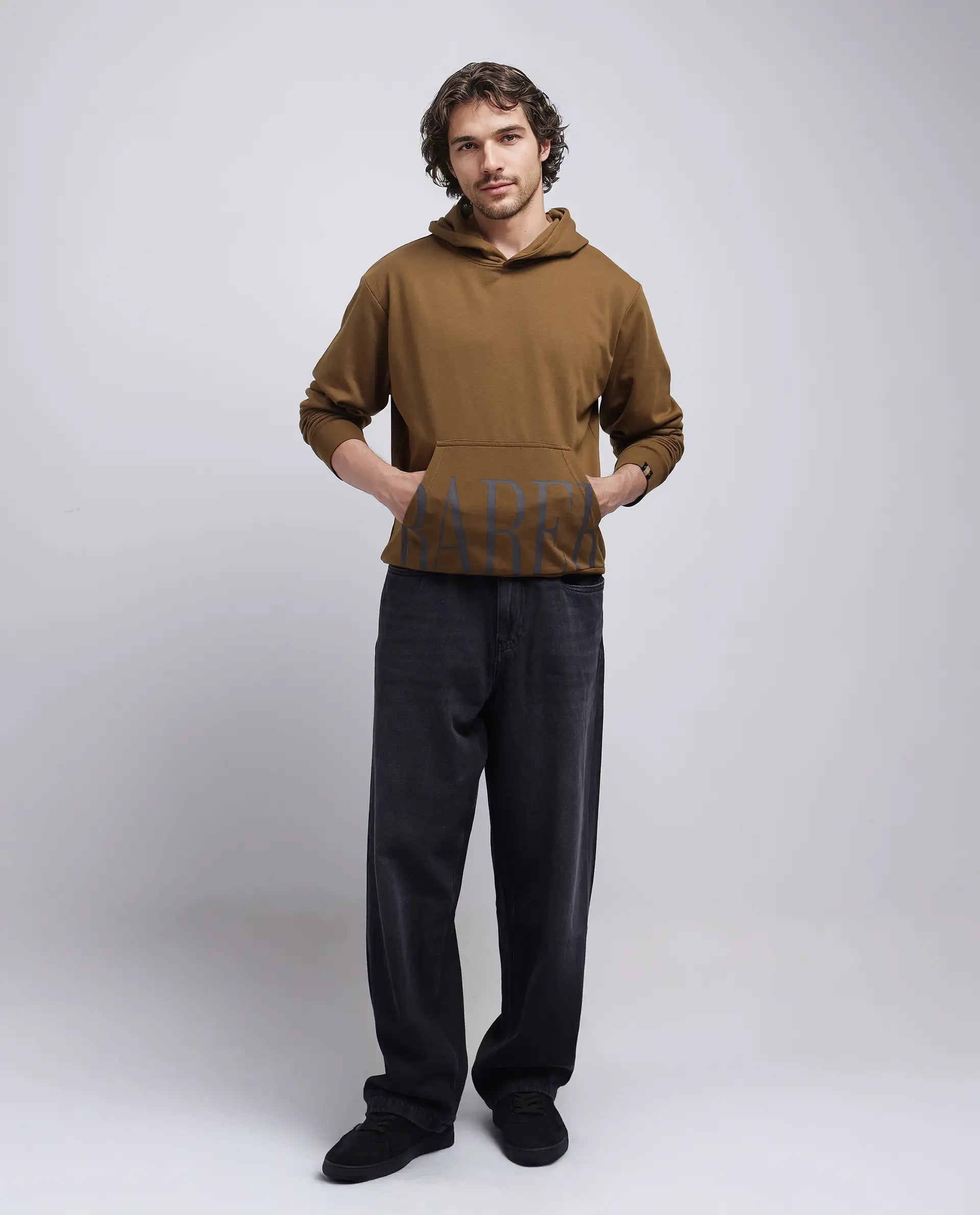 Rare Rabbit Men Vale Olive Cotton Polyester Fabric Full Sleeve Hooded Regular Fit Printed Sweatshirt