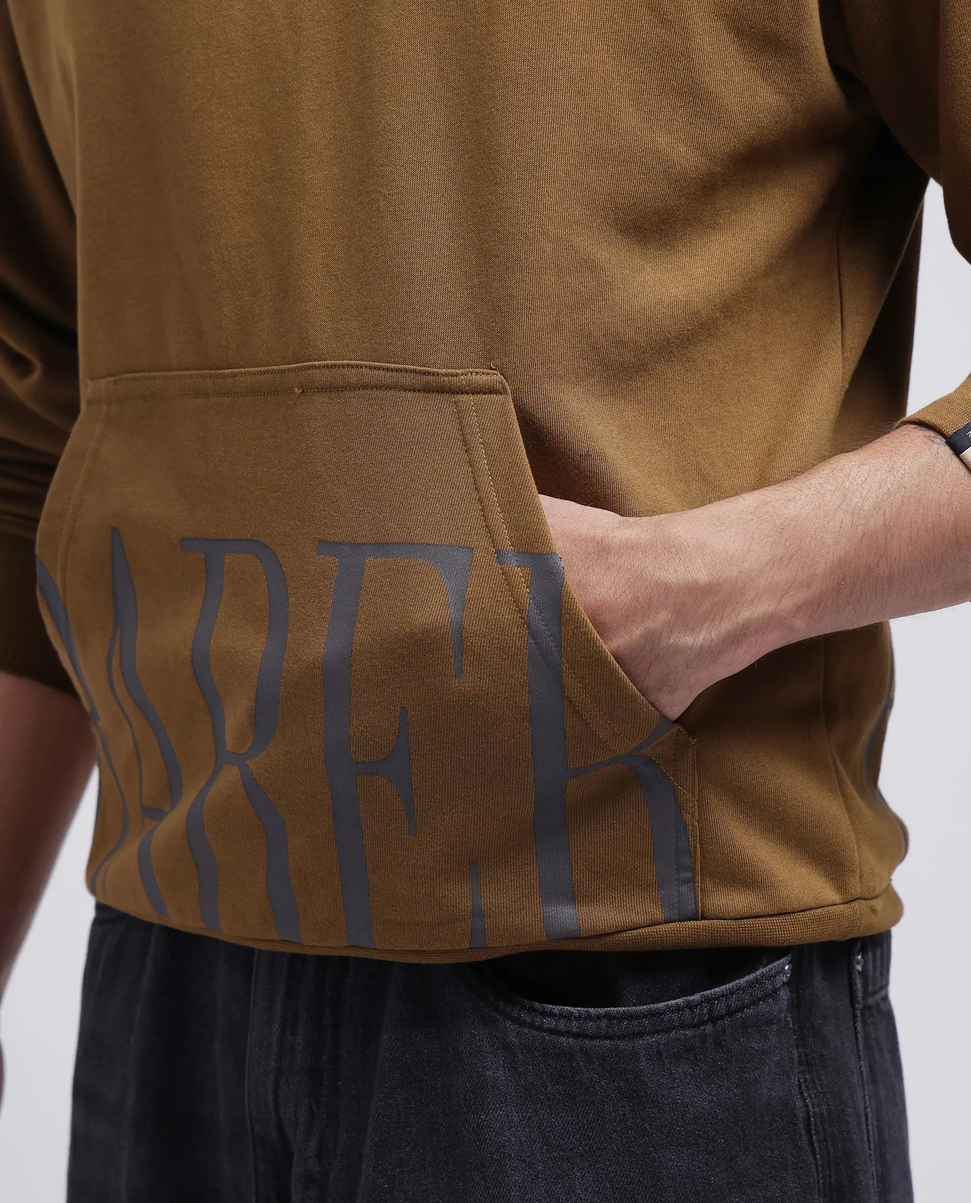 Rare Rabbit Men Vale Olive Cotton Polyester Fabric Full Sleeve Hooded Regular Fit Printed Sweatshirt