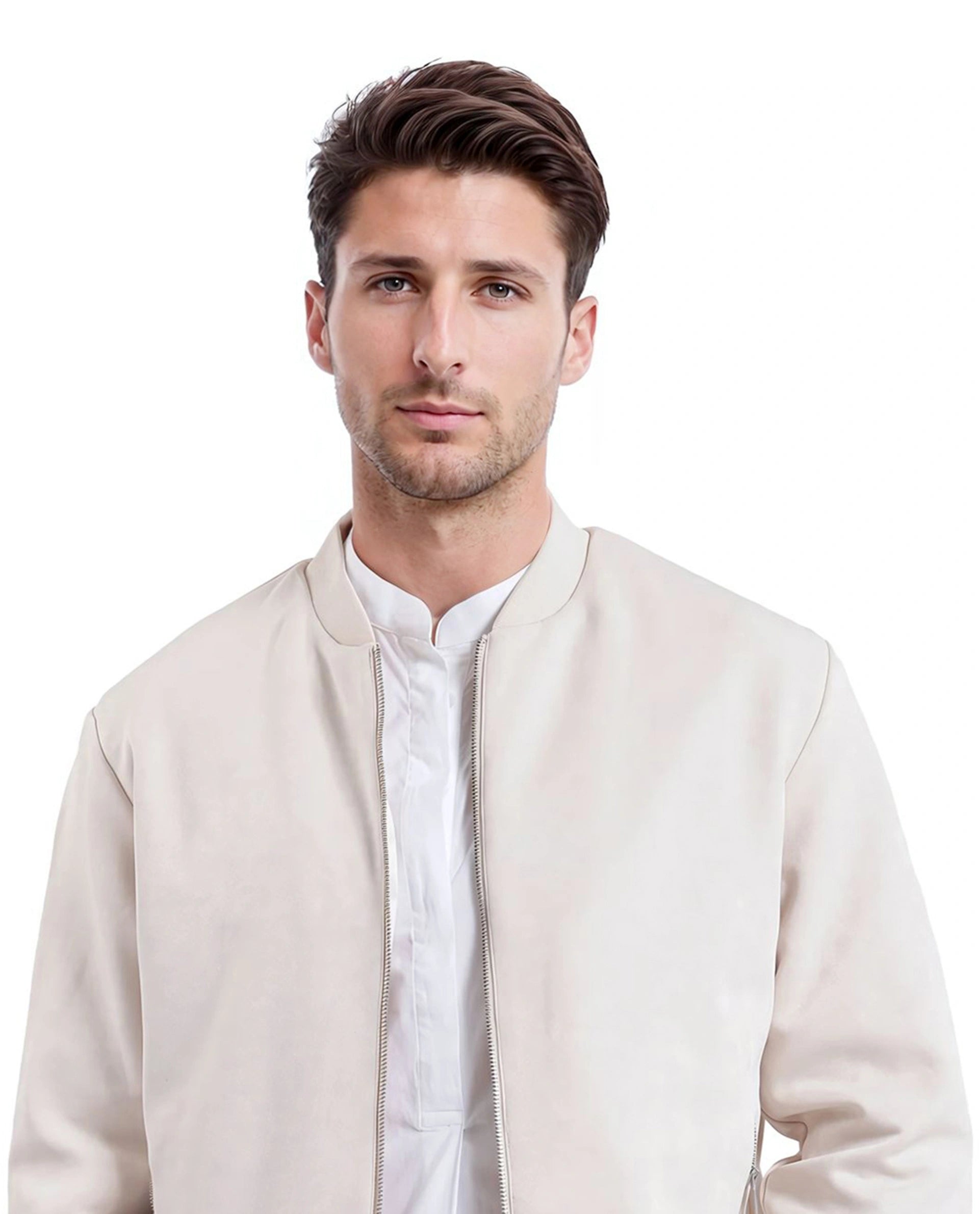 Rare Rabbit Men Vallor Beige Nylon Polyester Fabric Full Sleeve Ribbed Collar Zipper Closure Plain Bomber Jacket