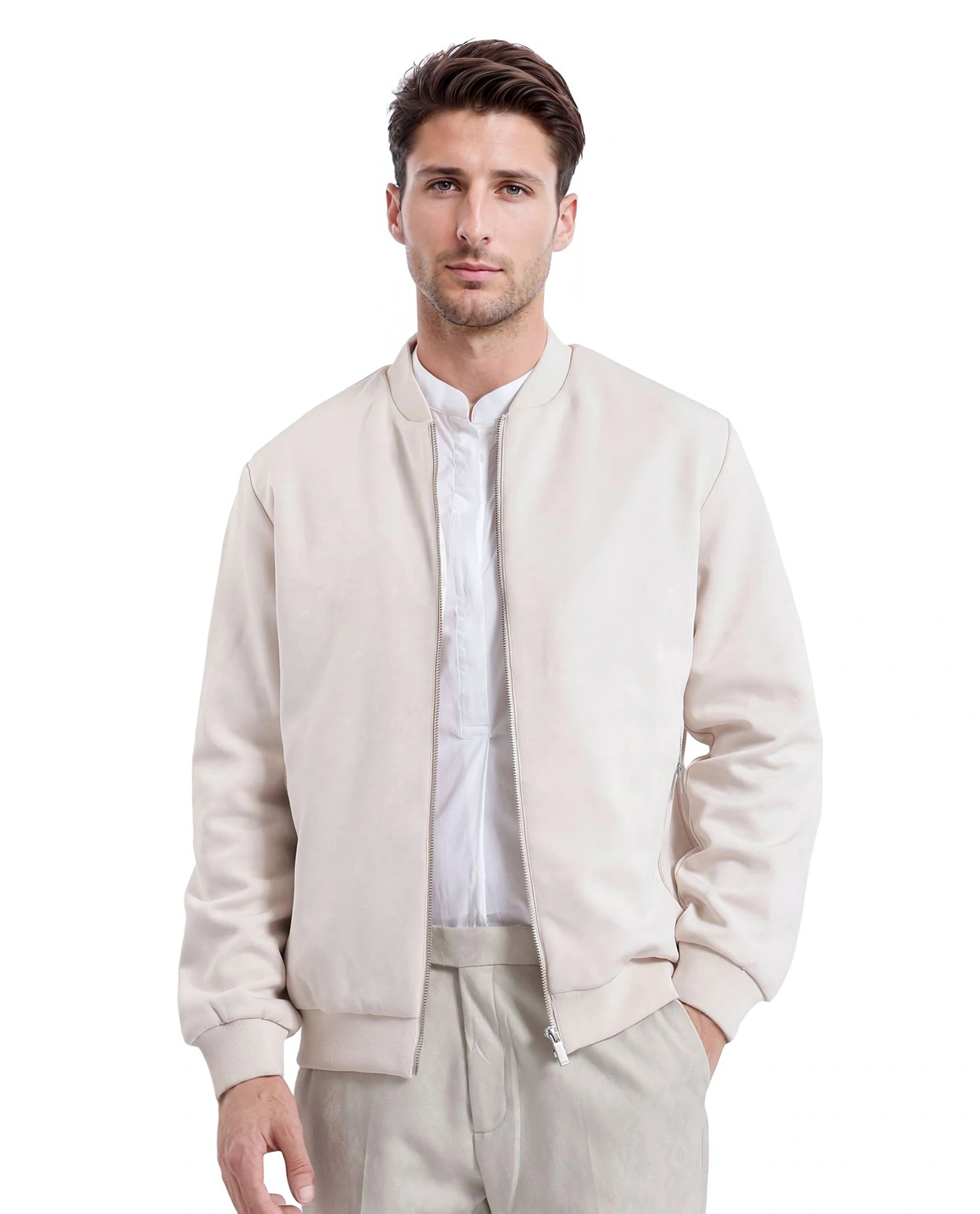 Rare Rabbit Men Vallor Beige Nylon Polyester Fabric Full Sleeve Ribbed Collar Zipper Closure Plain Bomber Jacket