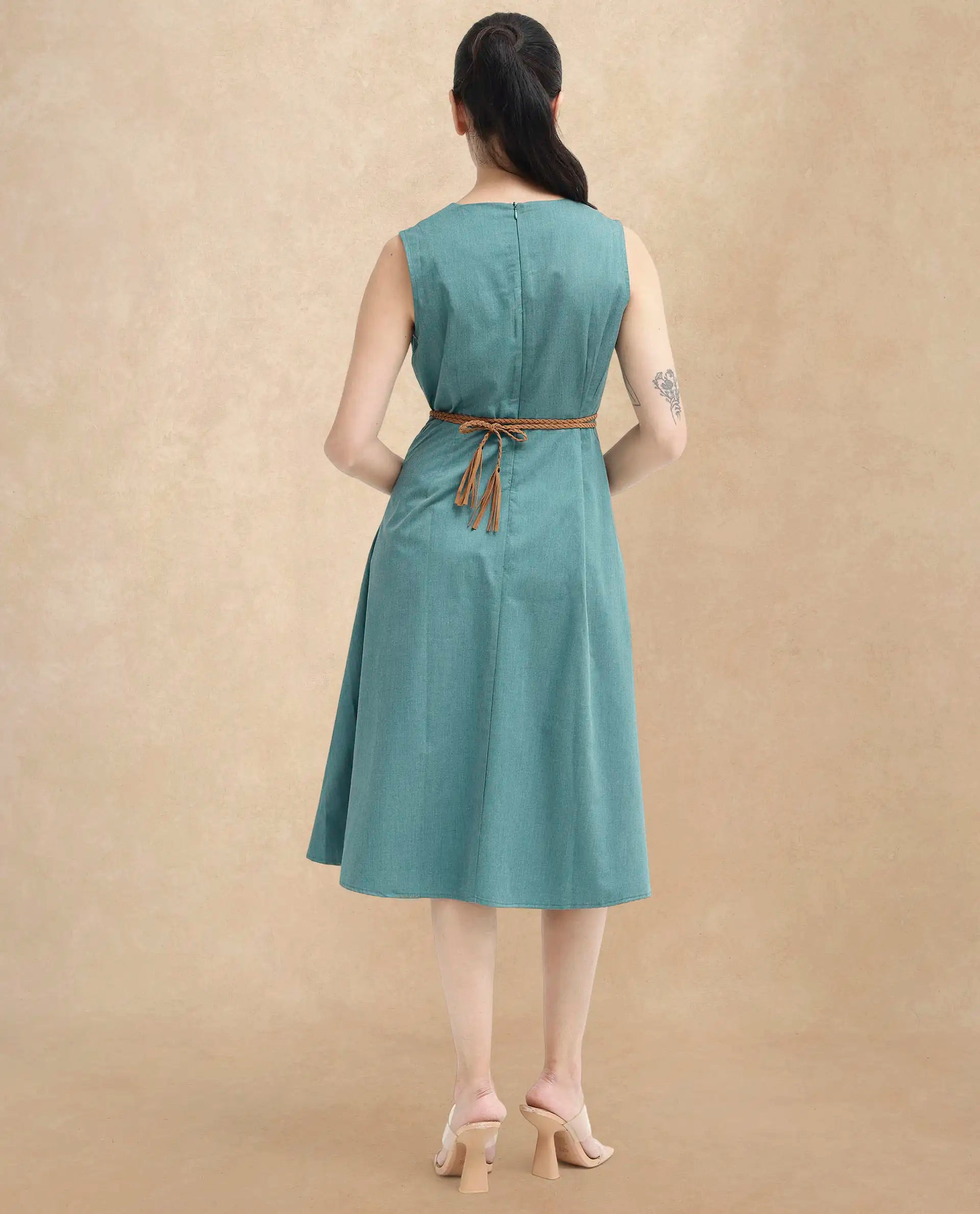 Rareism Women Valmode Green Zipper Closure Sleeveless Over Lap Neck Fit And Flare Plain Midi Dress