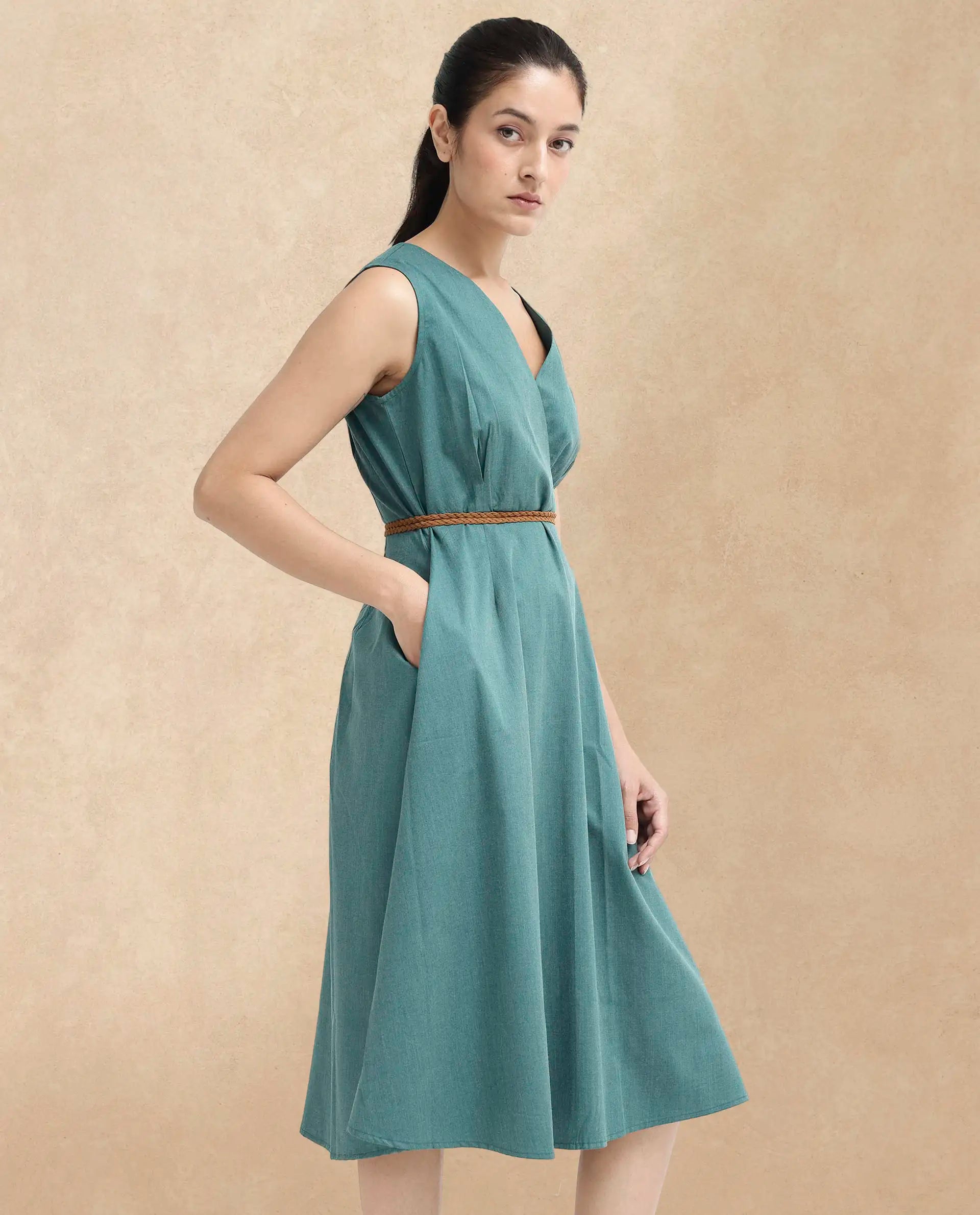Rareism Women Valmode Green Zipper Closure Sleeveless Over Lap Neck Fit And Flare Plain Midi Dress