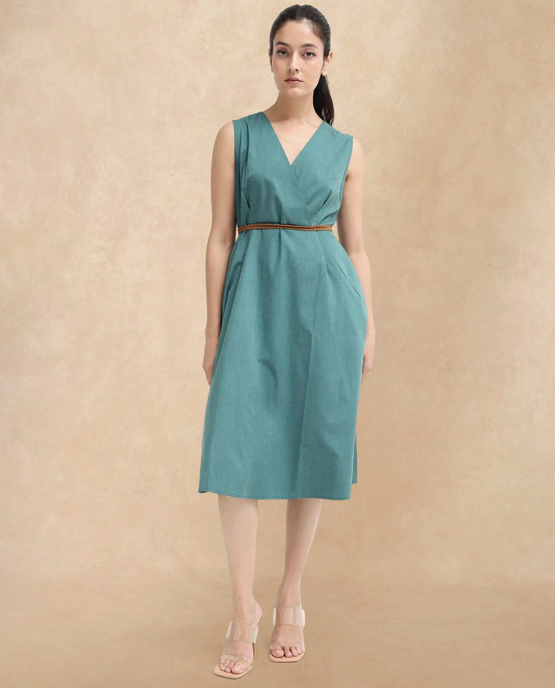 Rareism Women Valmode Green Zipper Closure Sleeveless Over Lap Neck Fit And Flare Plain Midi Dress