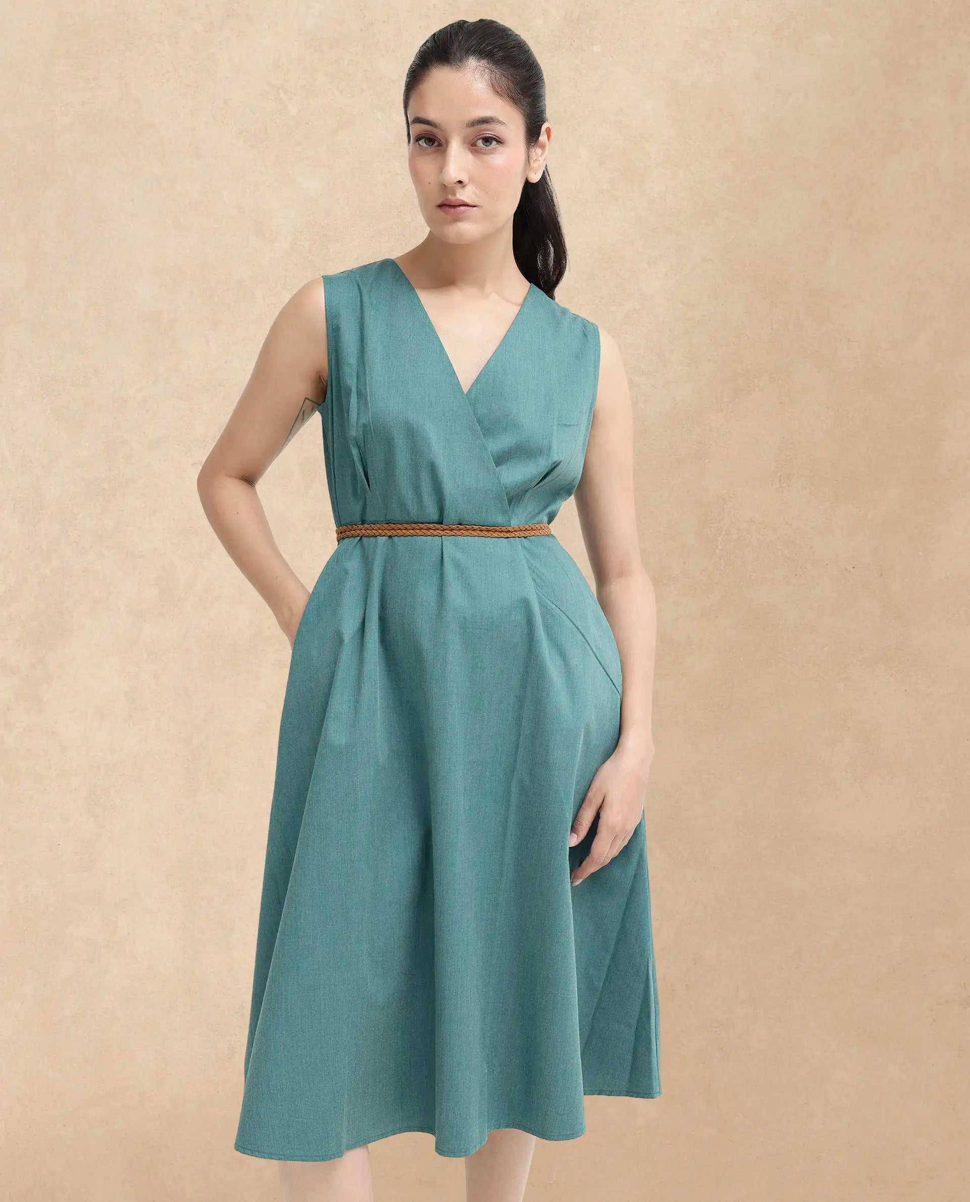 Rareism Women Valmode Green Zipper Closure Sleeveless Over Lap Neck Fit And Flare Plain Midi Dress