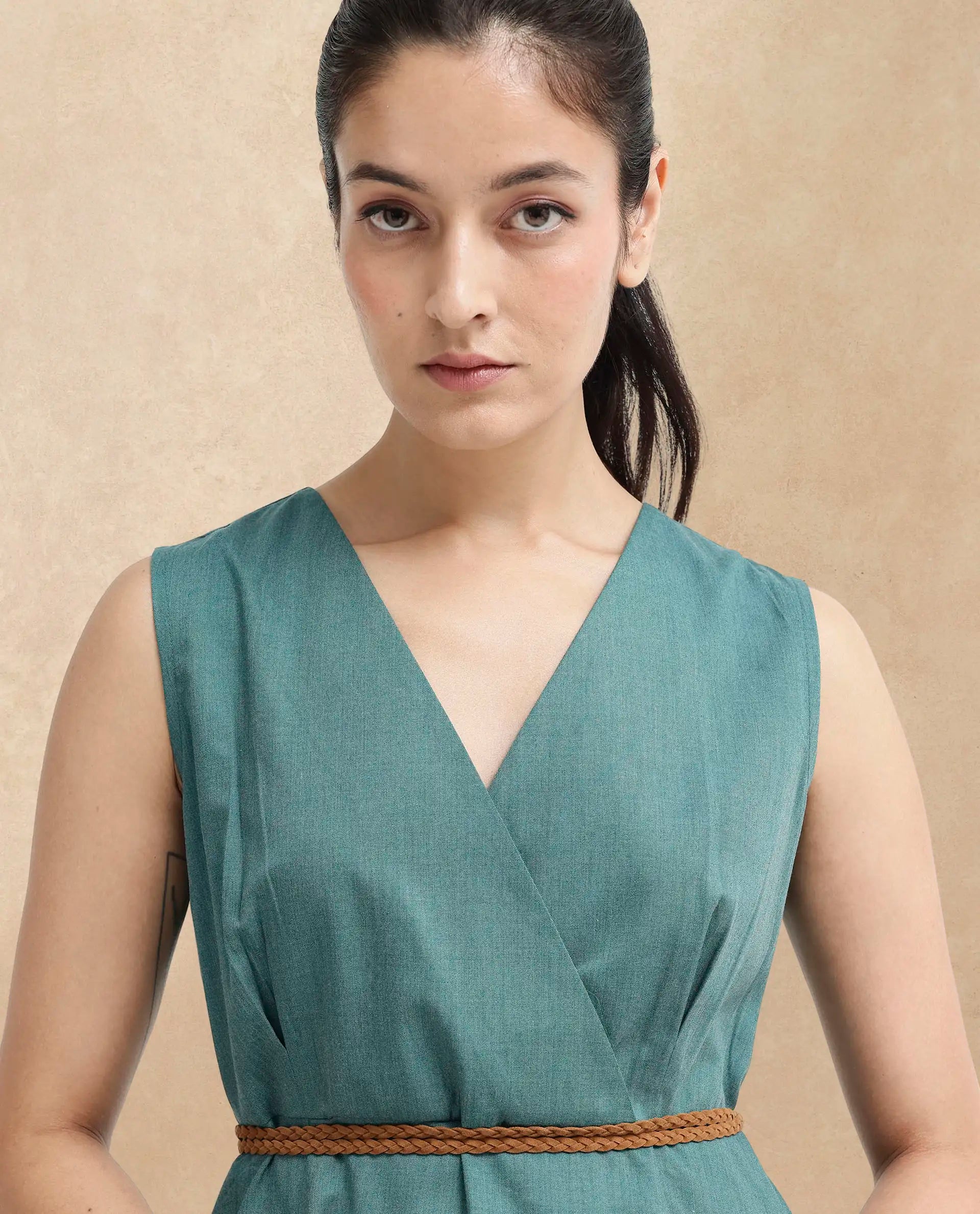 Rareism Women Valmode Green Zipper Closure Sleeveless Over Lap Neck Fit And Flare Plain Midi Dress