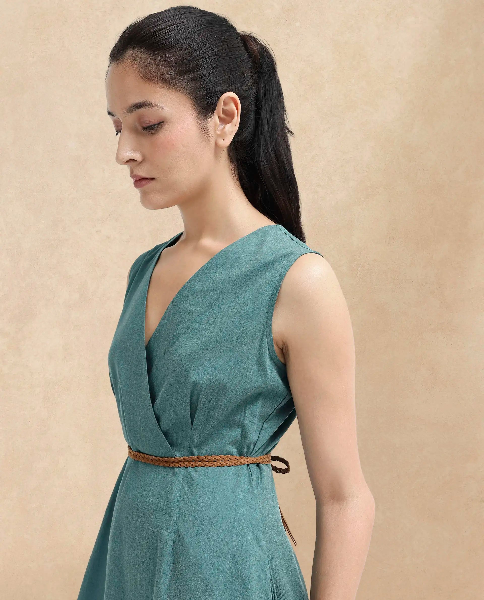 Rareism Women Valmode Green Zipper Closure Sleeveless Over Lap Neck Fit And Flare Plain Midi Dress