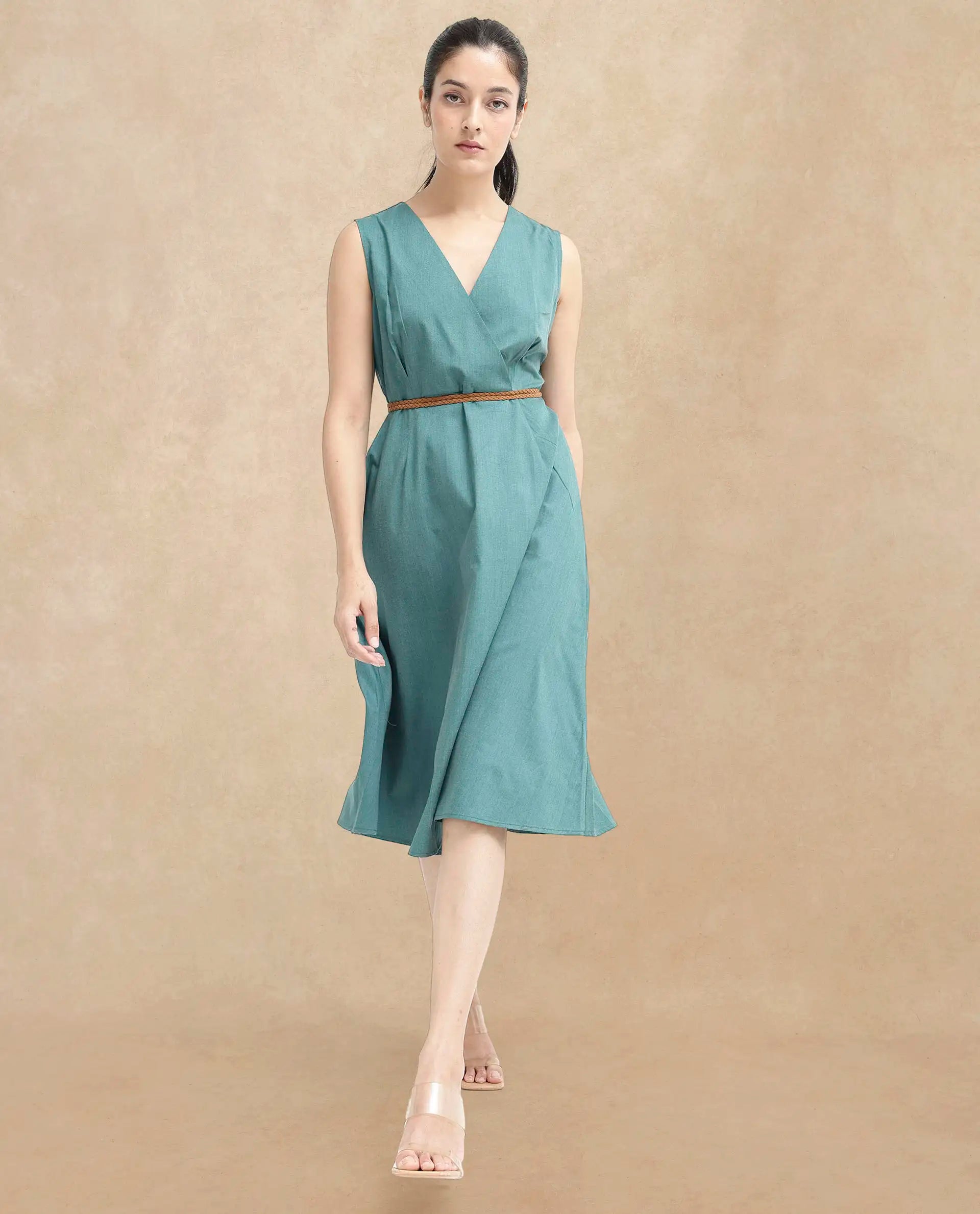 Rareism Women Valmode Green Zipper Closure Sleeveless Over Lap Neck Fit And Flare Plain Midi Dress