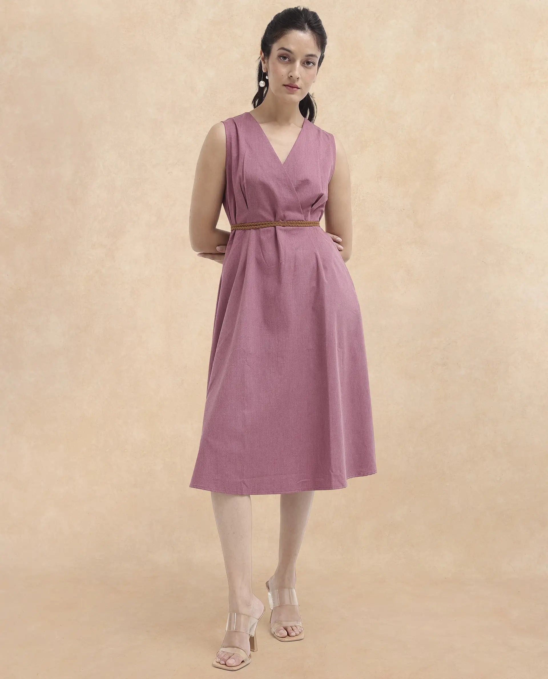 Rareism Women Valmode Dusky Pink Zipper Closure Sleeveless Over Lap Neck Fit And Flare Plain Midi Dress